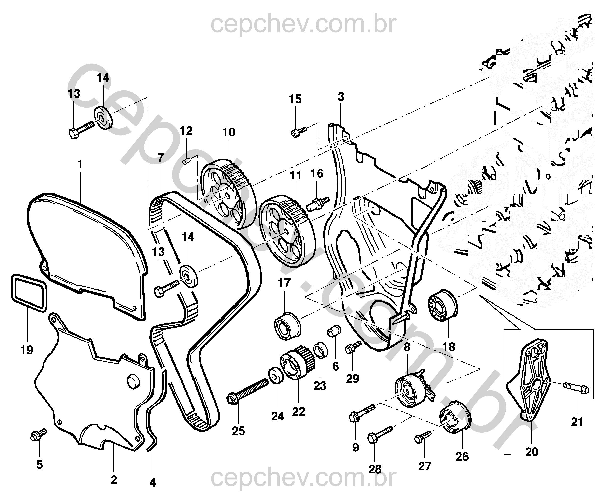Distribuição do motor 16V com correia dentada, engrenagens e tensionador