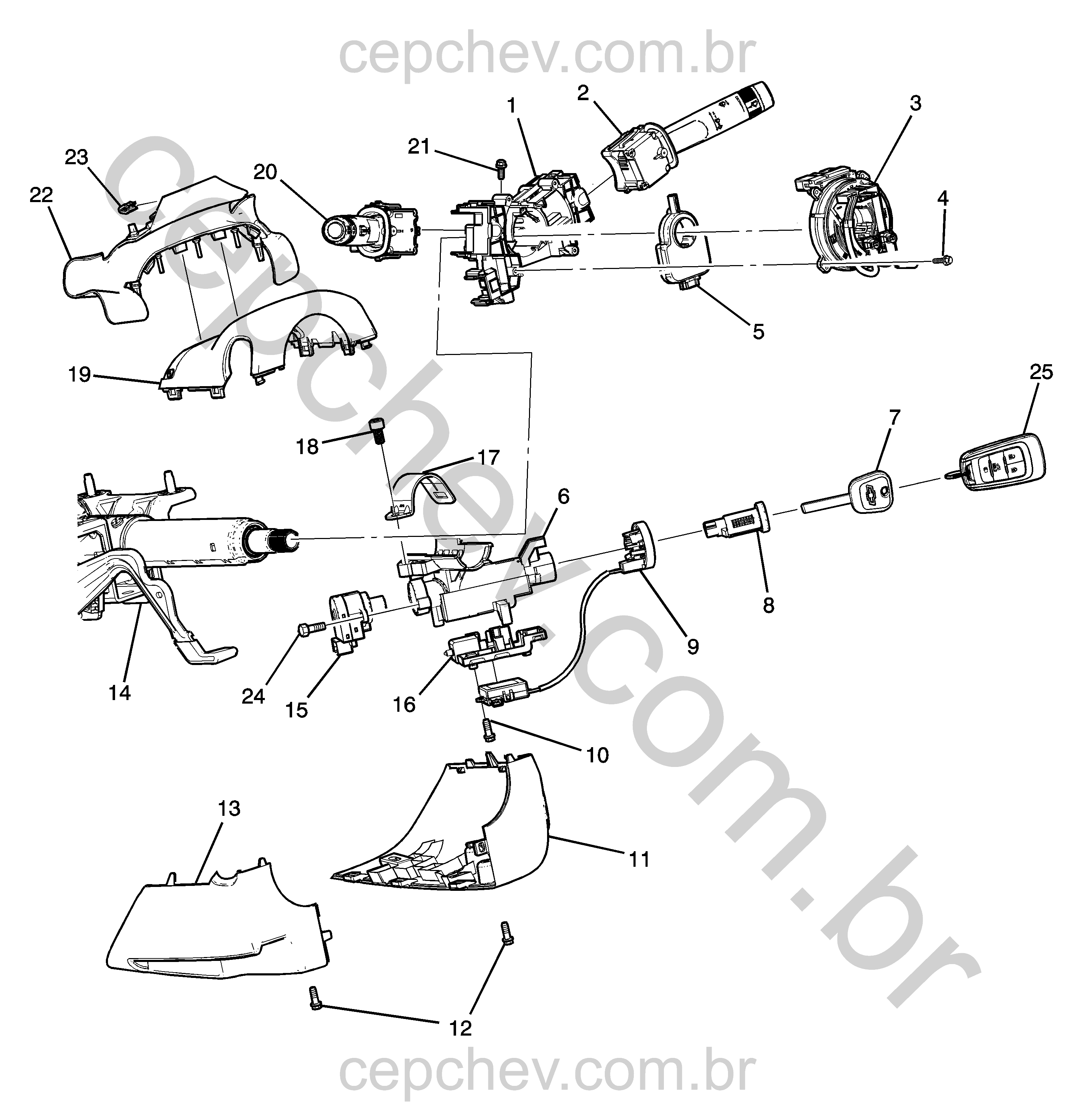 Coluna de direção com módulos, chaves, interruptores e tampas de acabamento