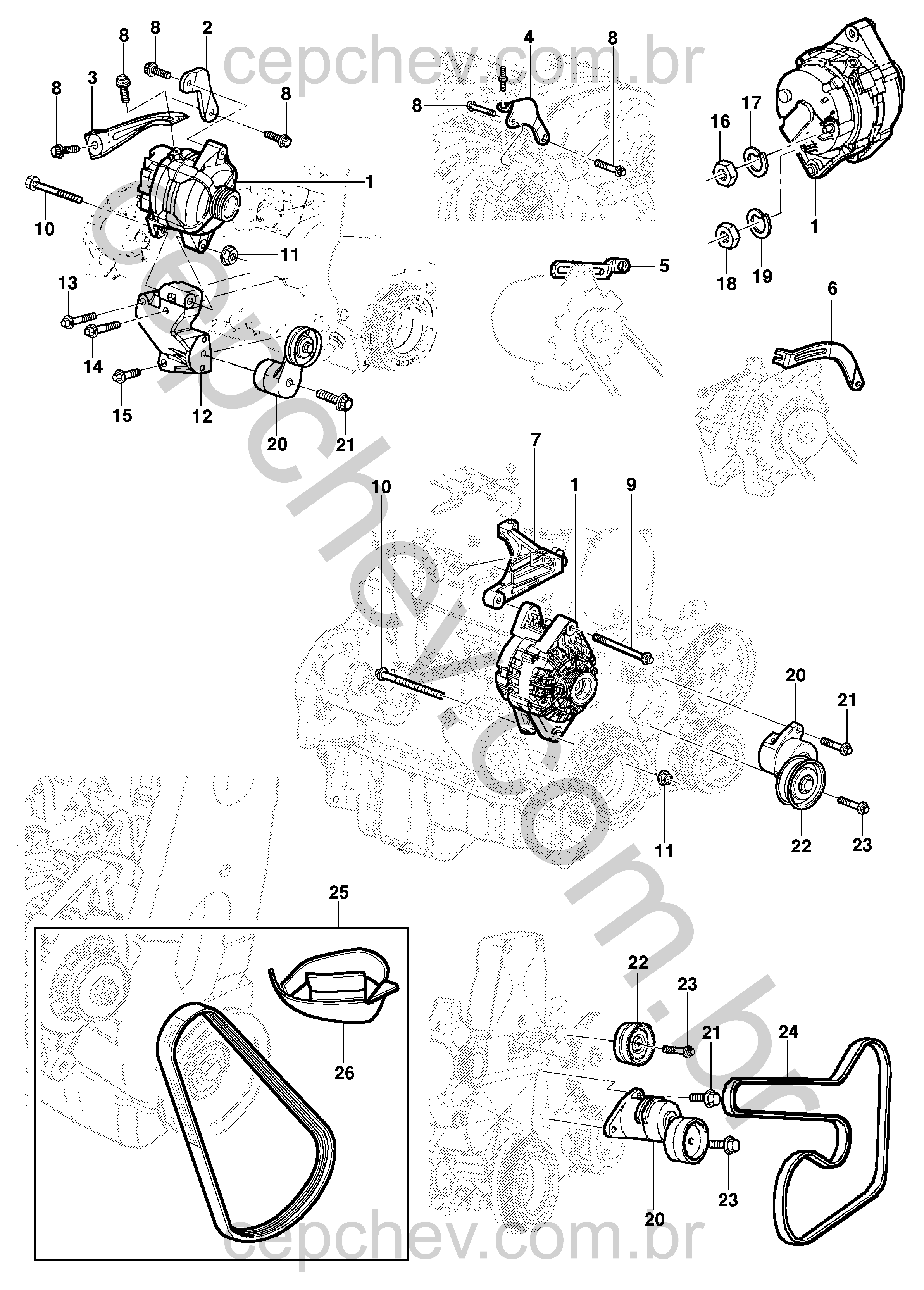 Fixação e suporte do alternador com correias e tensionadores para sedan, hatch e pick-up