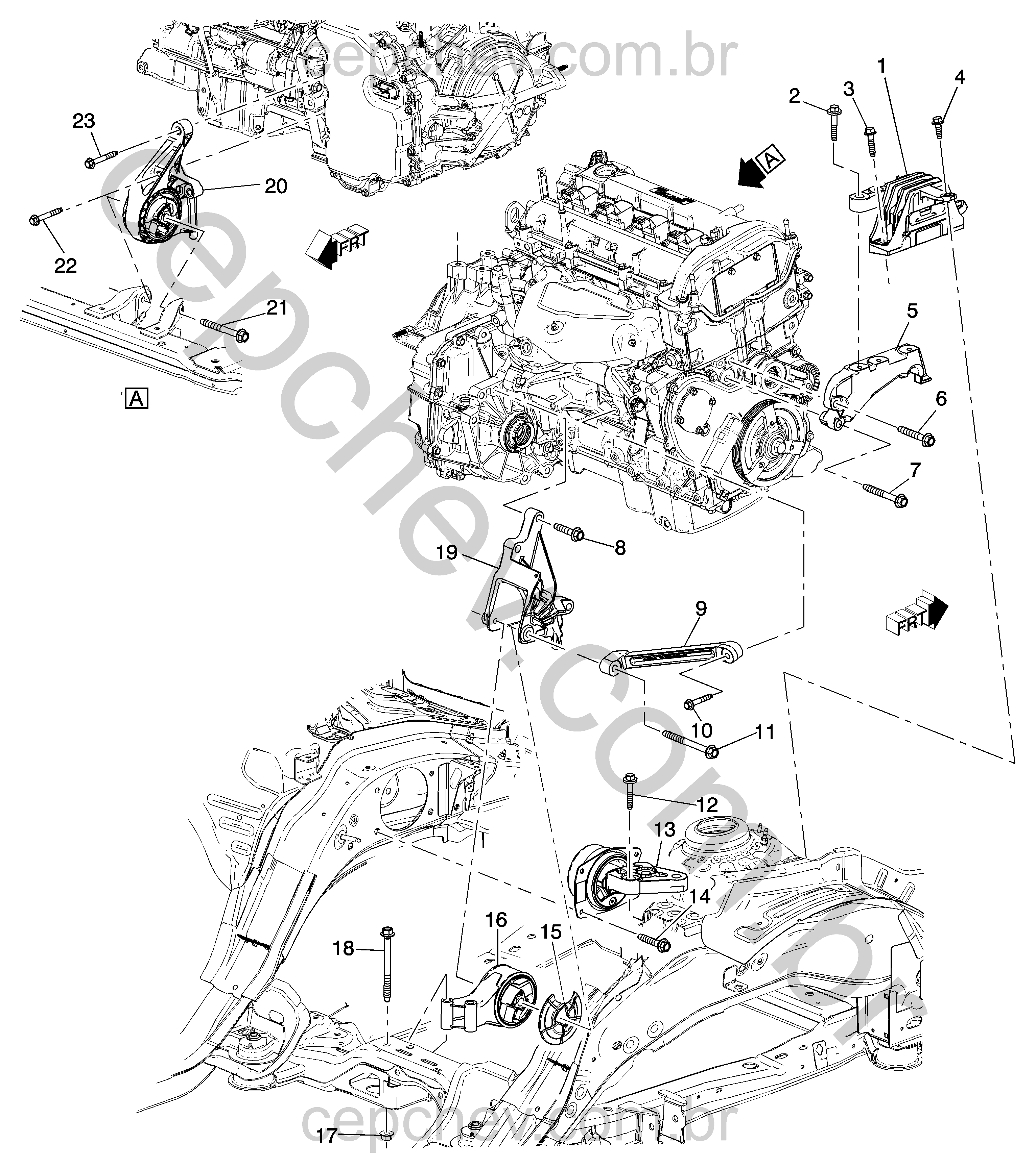 Montagem do motor e transmissão com suportes, coxins e fixações diversas