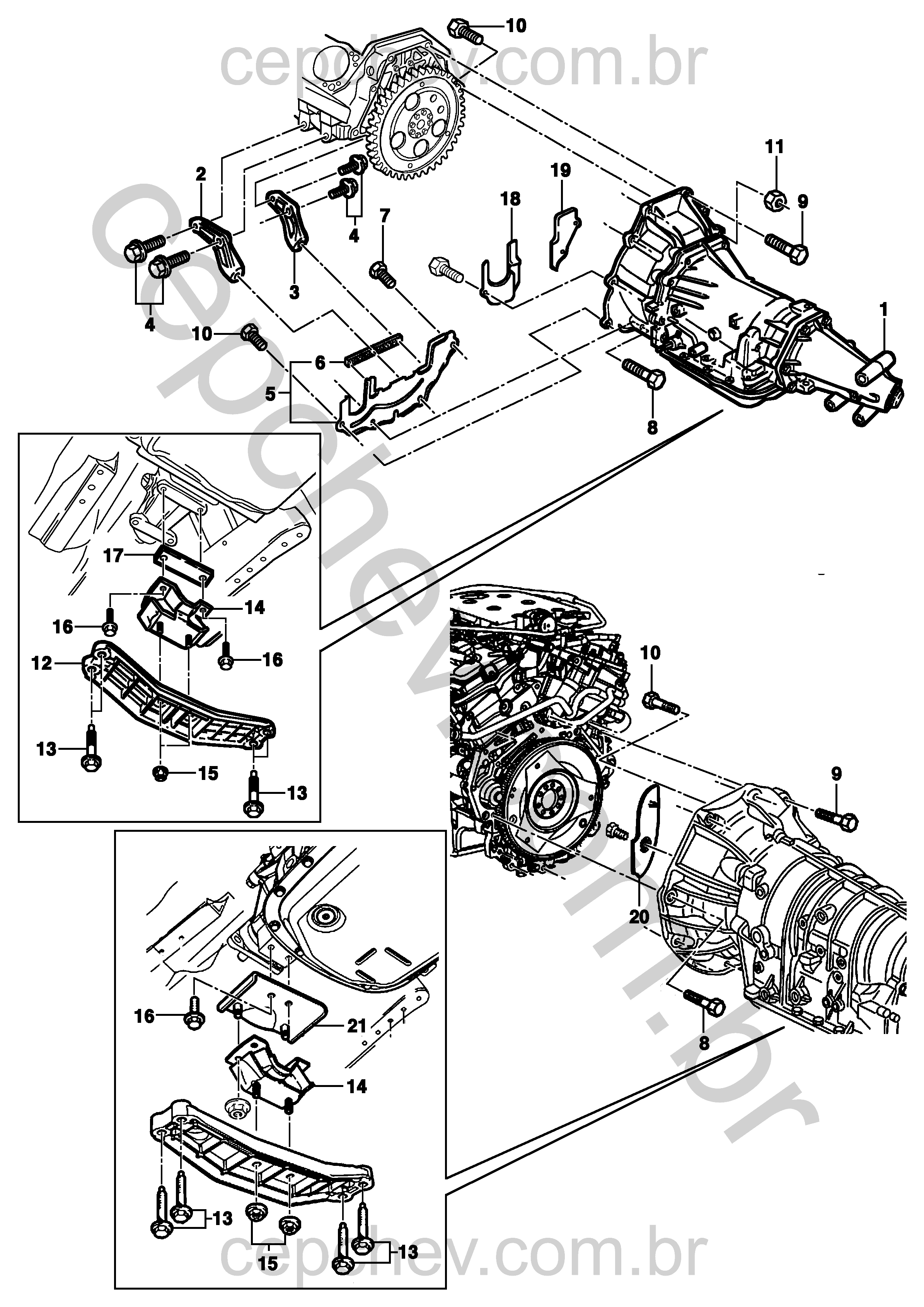 Fixação e suporte da transmissão automática com conversor de torque