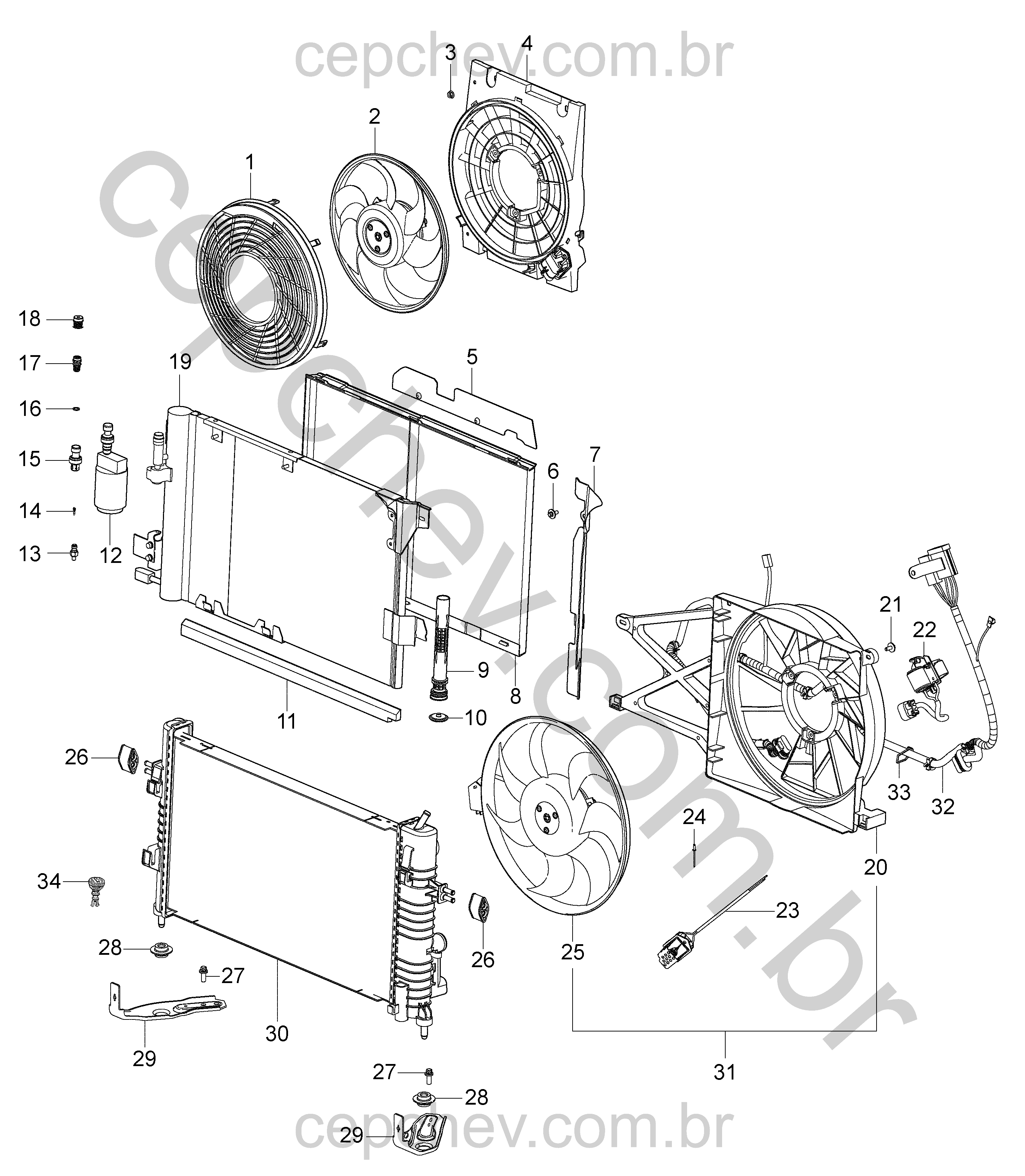 Radiador e ventilador para motor gasolina/álcool e ar-condicionado