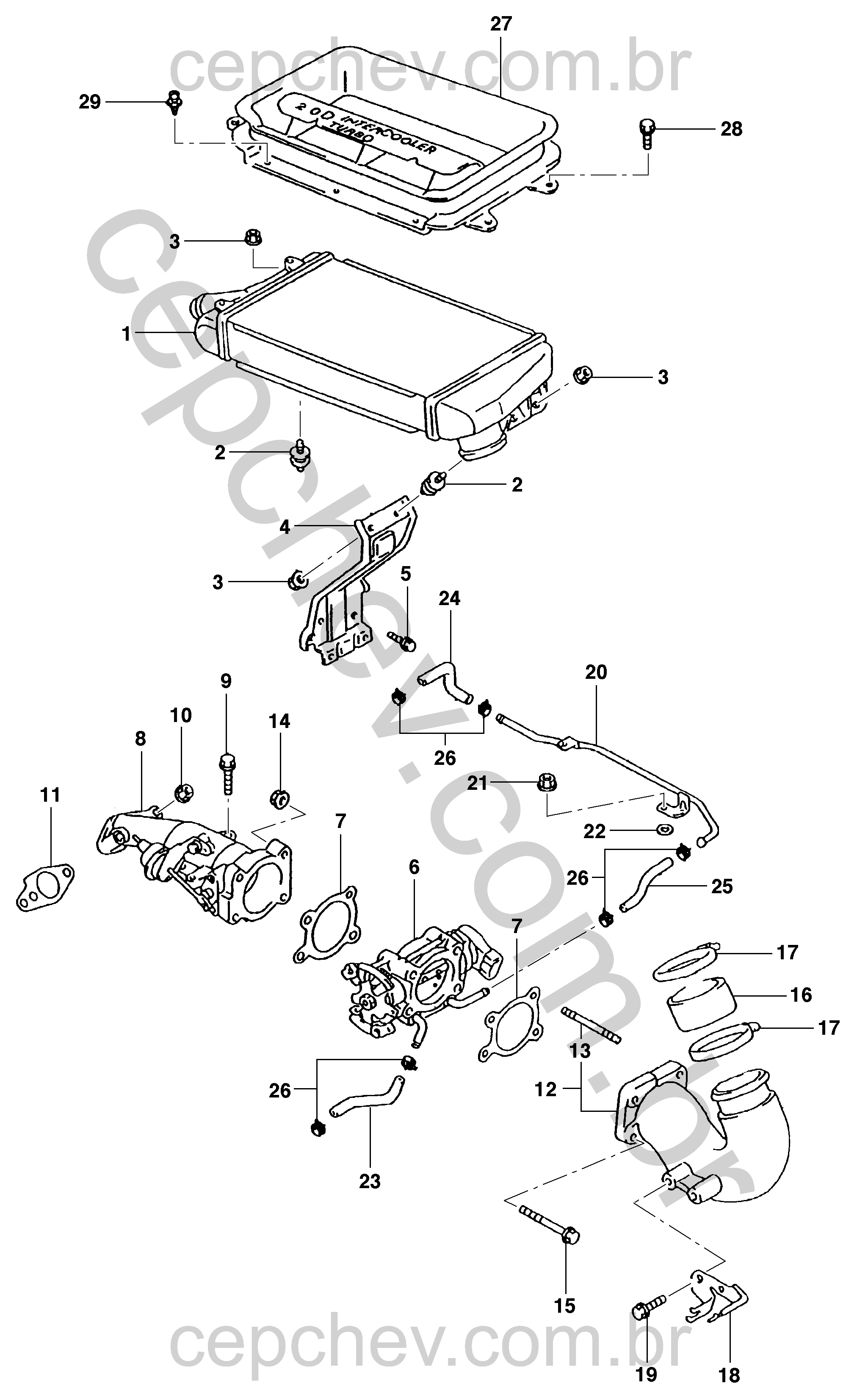 Pós-resfriador de ar para motor diesel (2001) com tubulações e suportes completos