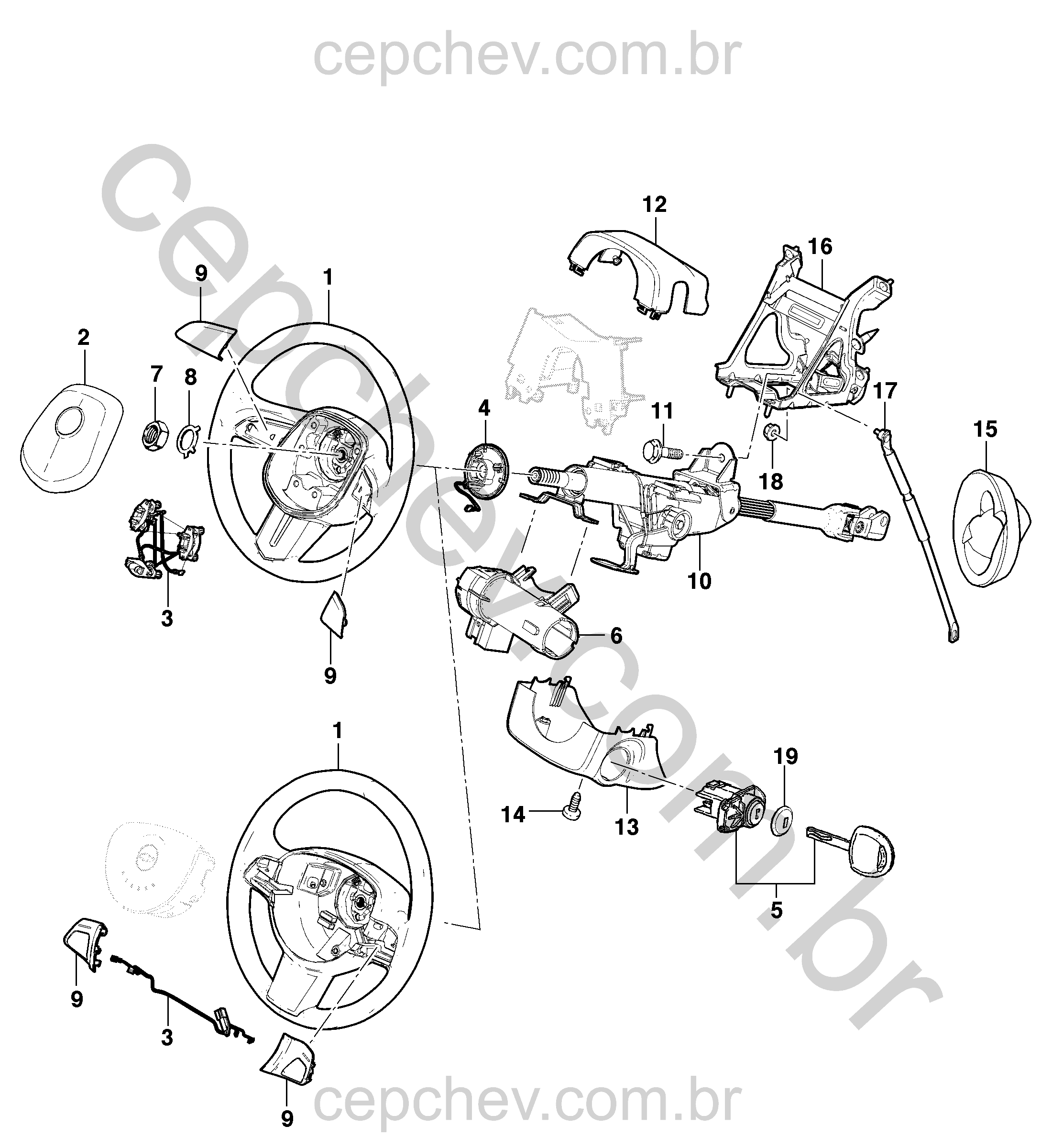 Coluna e volante de direção (2011–2013) CG, CH, CI48 com buzina e trava ignição