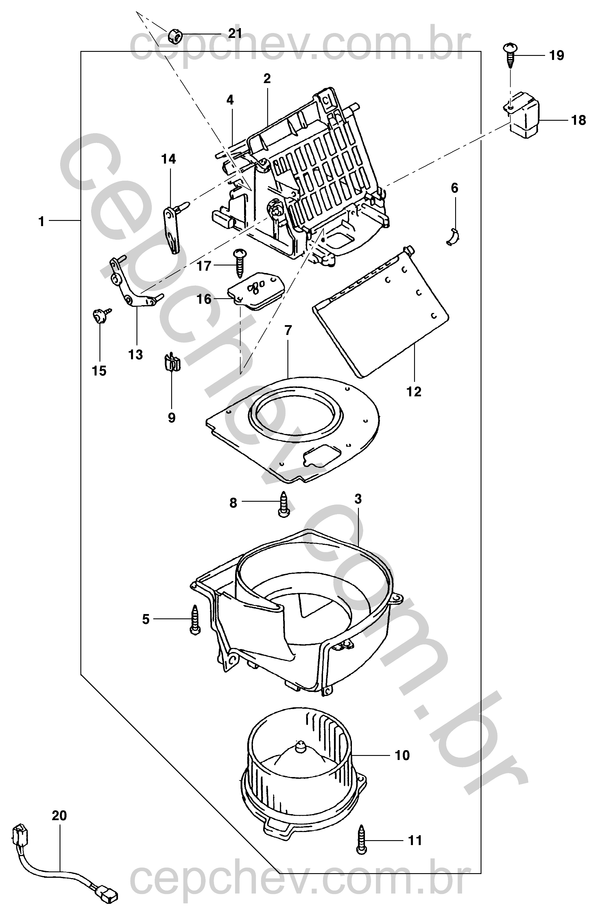 Módulo de ventilação com motor, resistor, carcaças, alavancas e parafusos
