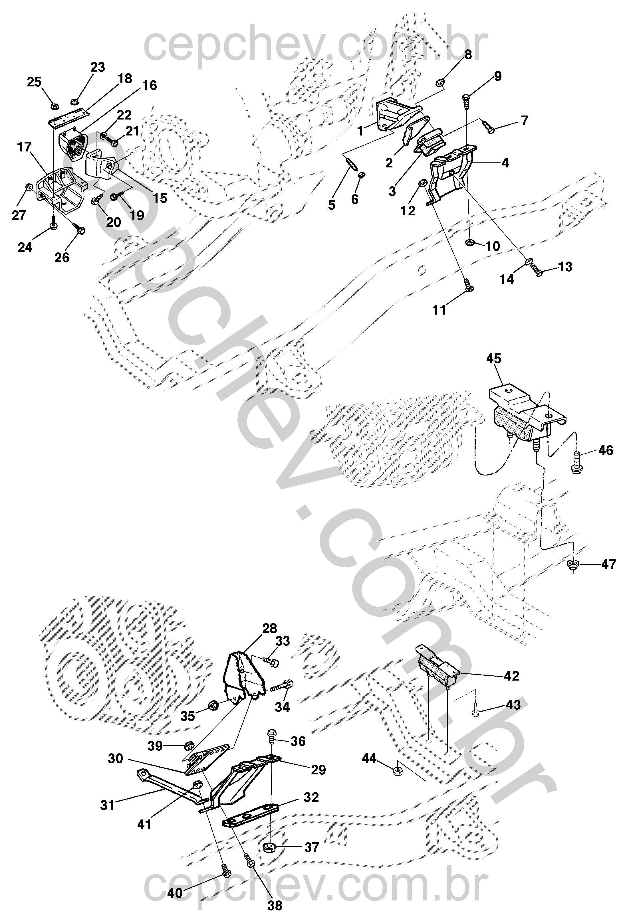 Fixação e suporte dianteiro do motor com coxins e parafusos essenciais