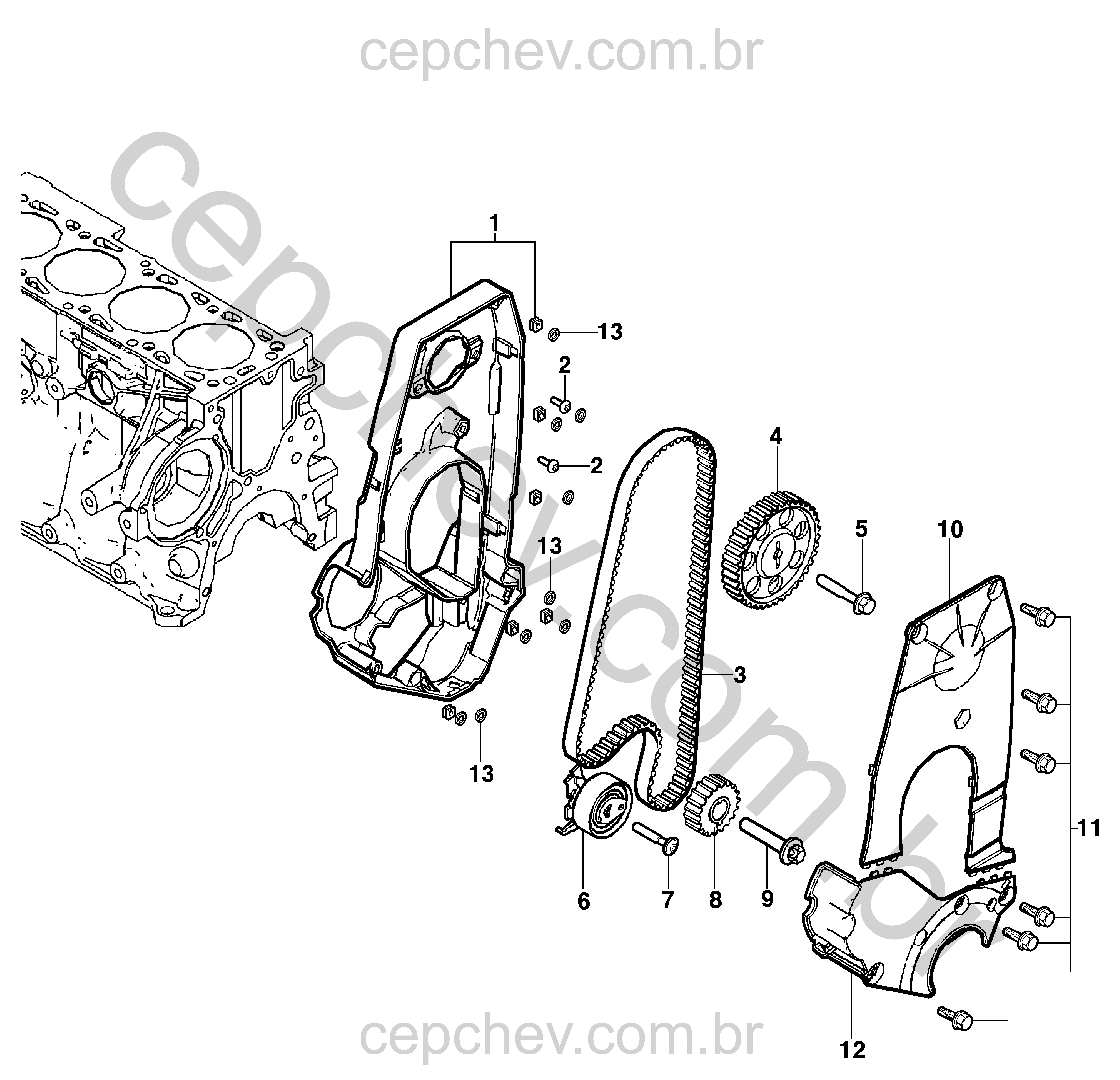 Correia e tampa de distribuição (2015–2021) para motores LKF, LJ1 e LHD