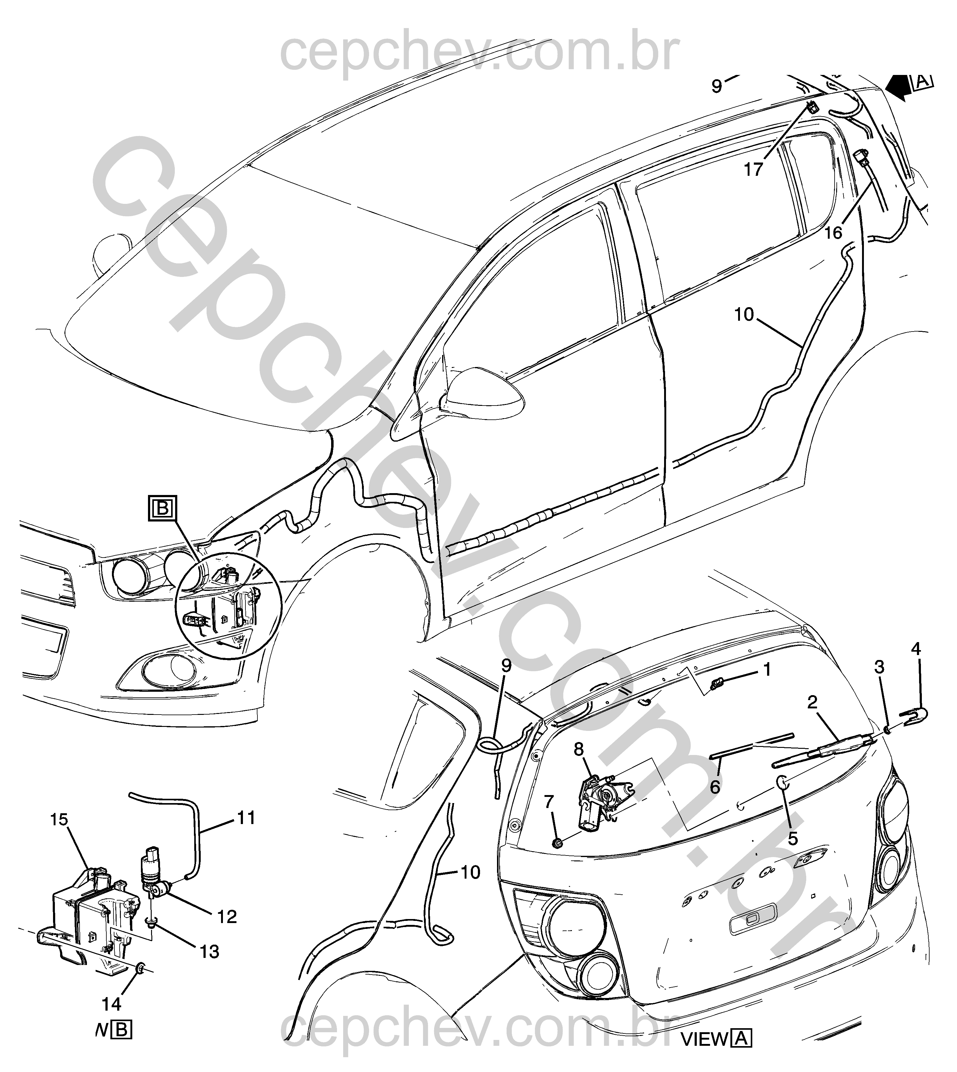 Sistema limpador e lavador da janela traseira com motor e acessórios completos