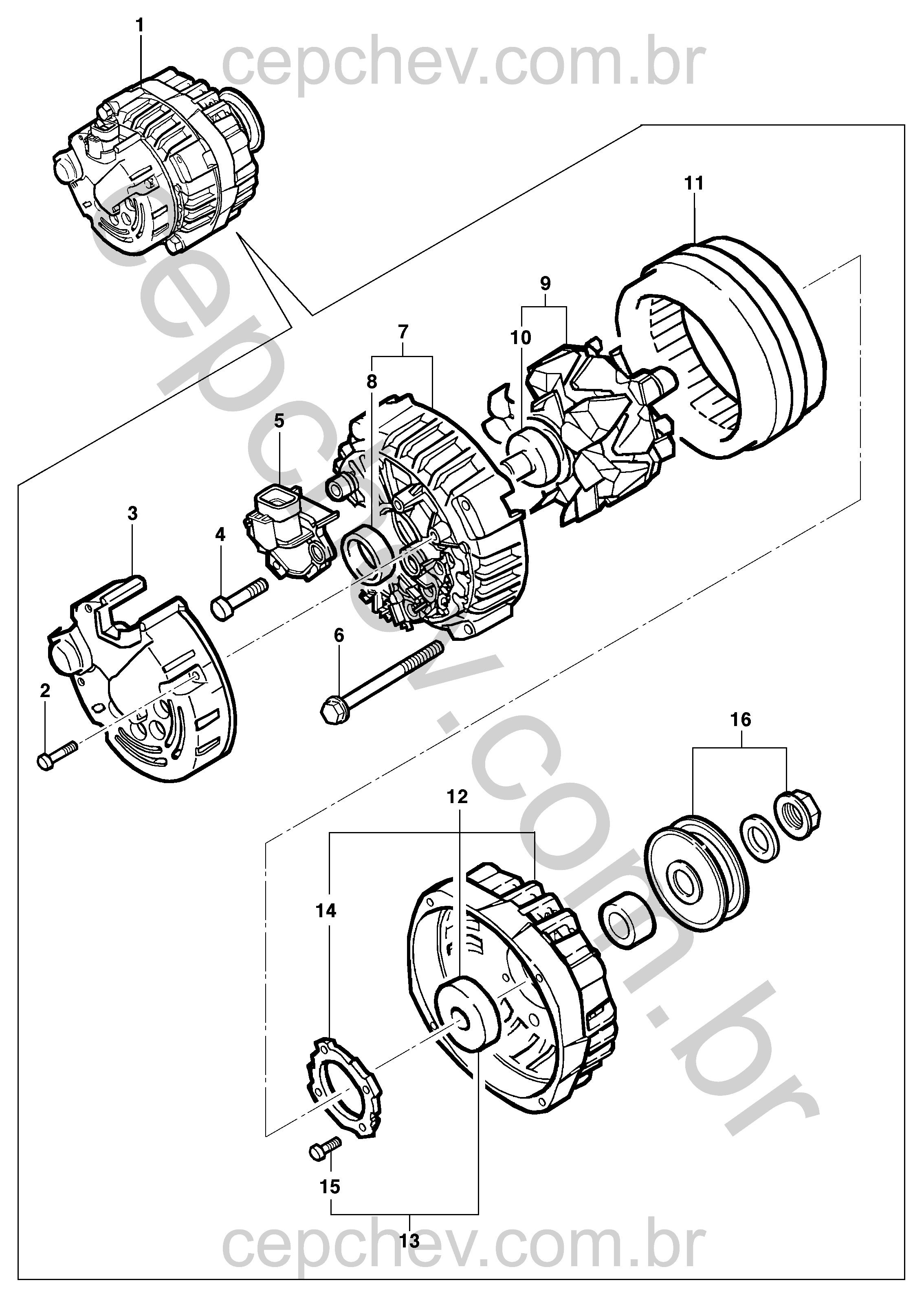 Conjunto gerador 70A com rotor, estator, retificador e kit escovas