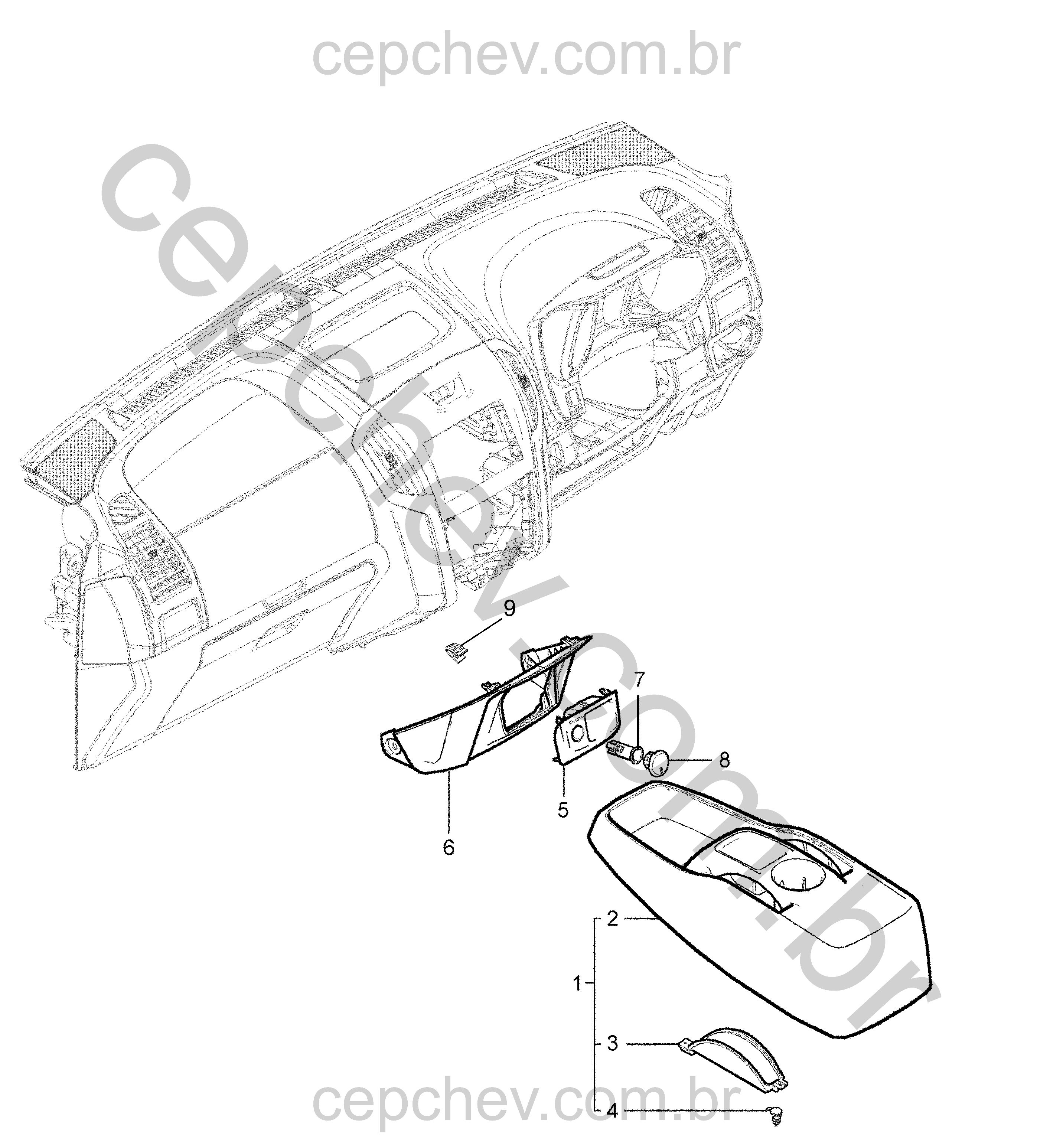 Console do assoalho dianteiro (2012–2016) com molduras e tampas diversas