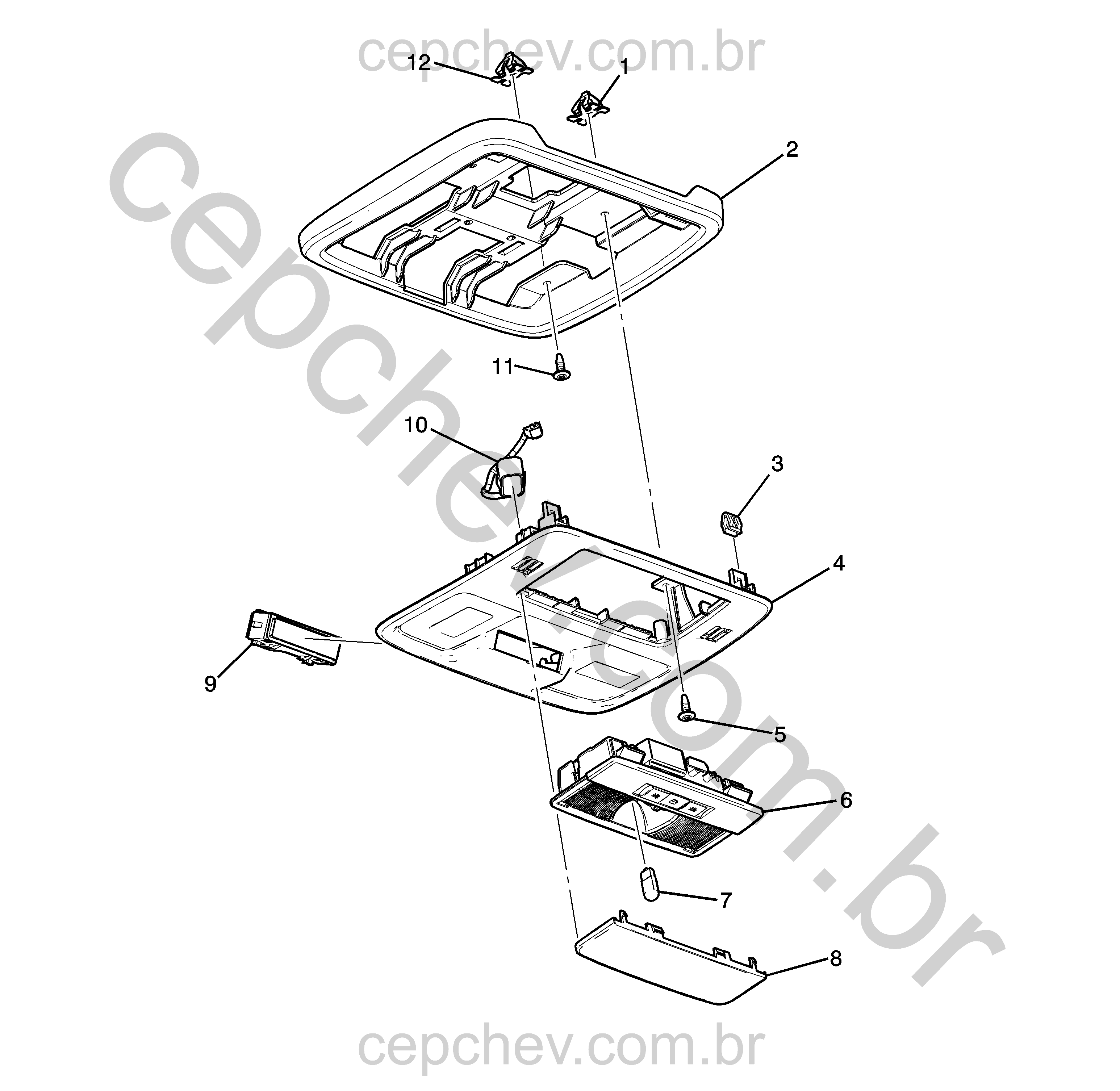 Console do teto com luz de leitura, interruptores e módulo de comunicação