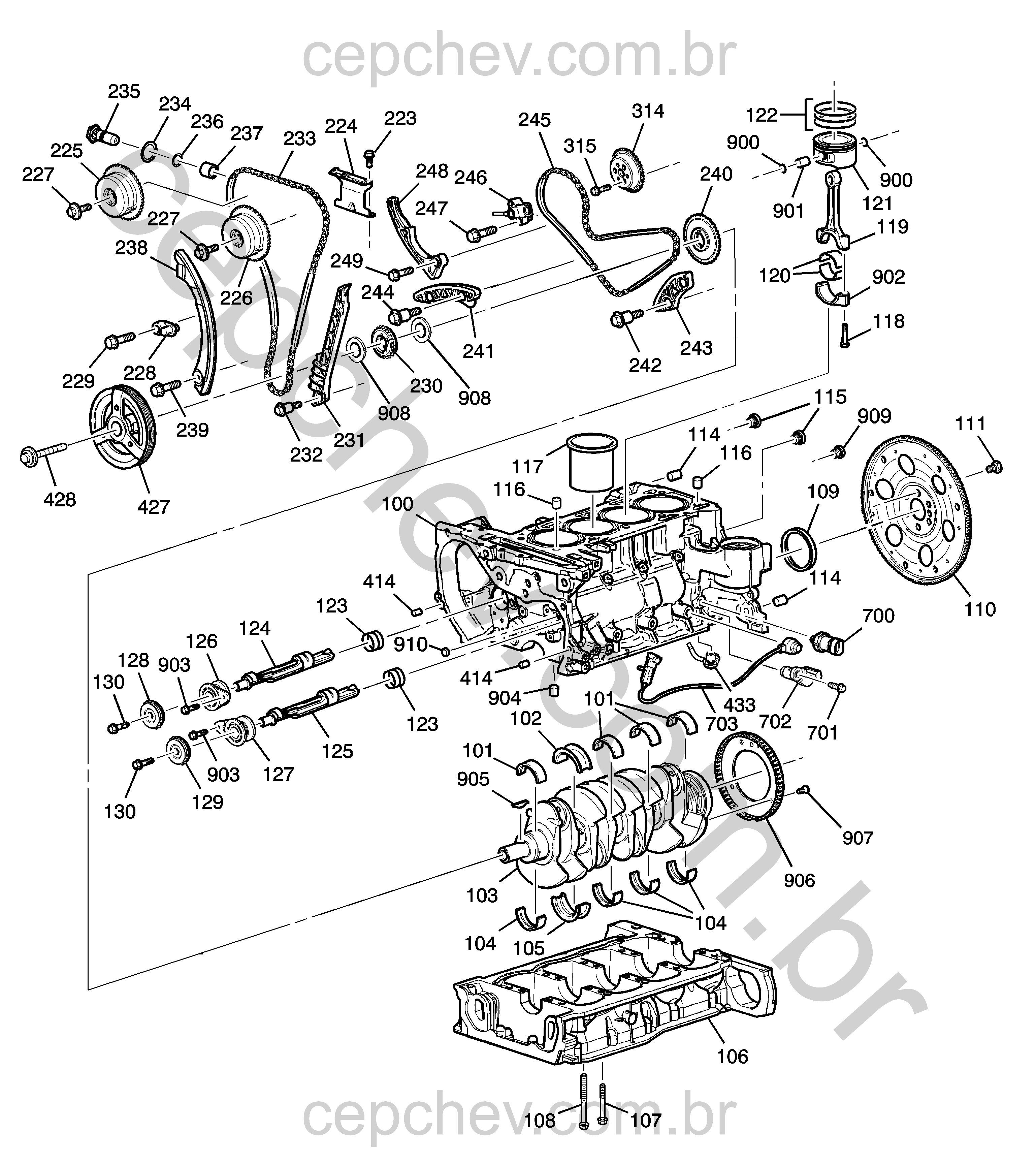 Bloco de cilindros e peças internas do motor 2.4L L4 (LEA)