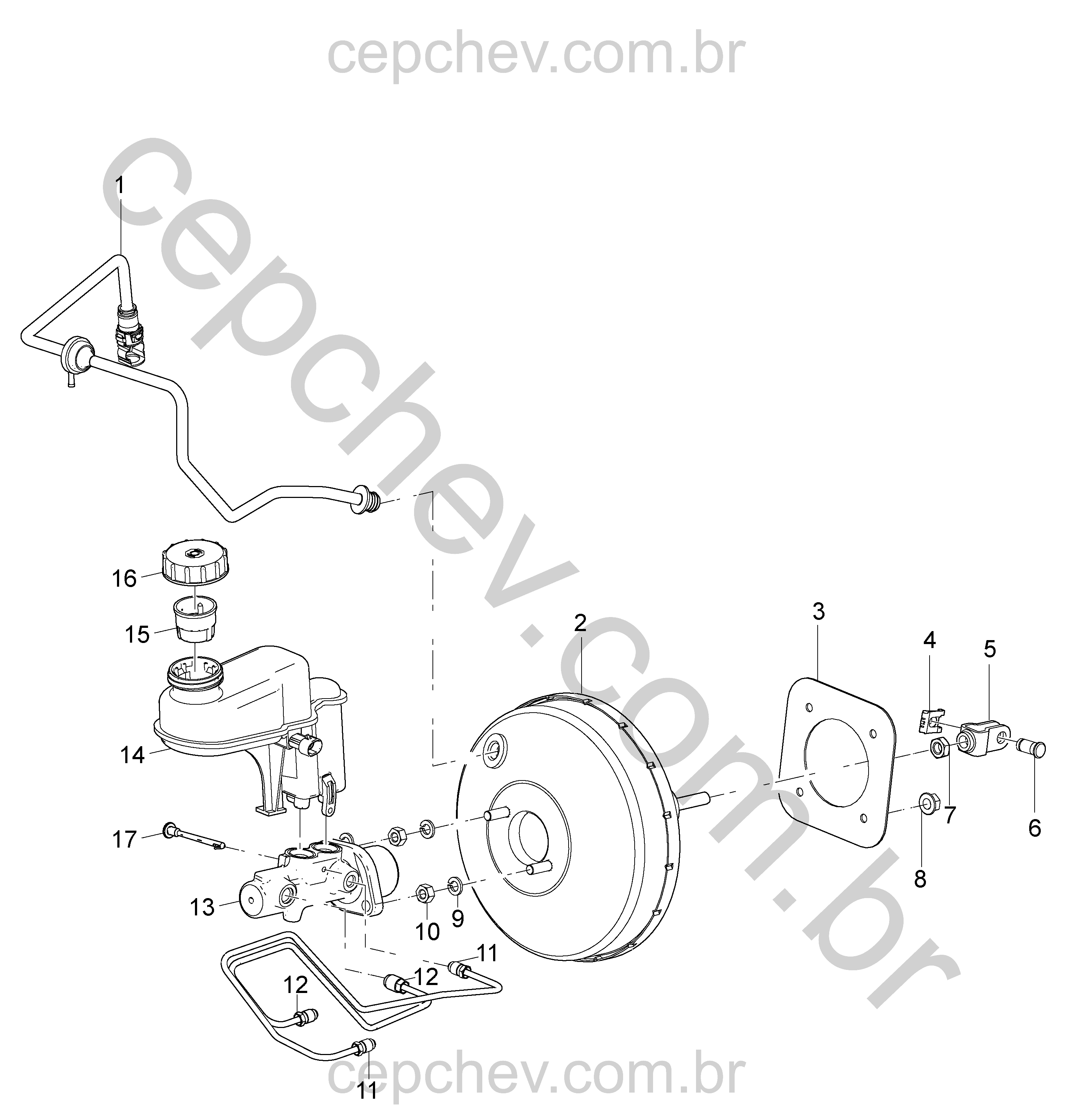 Servomotor e cilindro mestre do freio com reservatório e sensor de nível