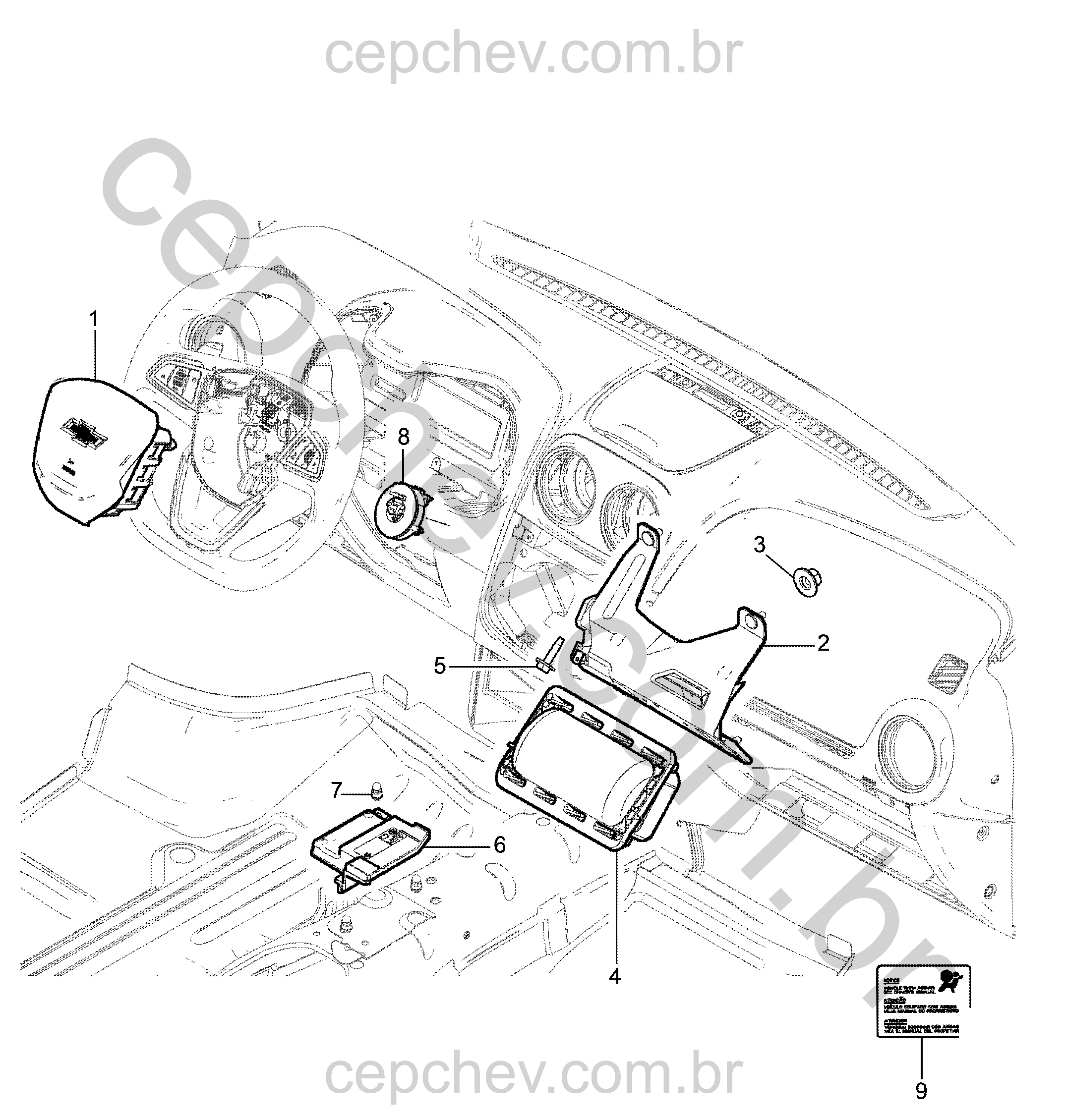 Sistema airbag com módulos, sensores e componentes do painel e volante (AK5, LHD)