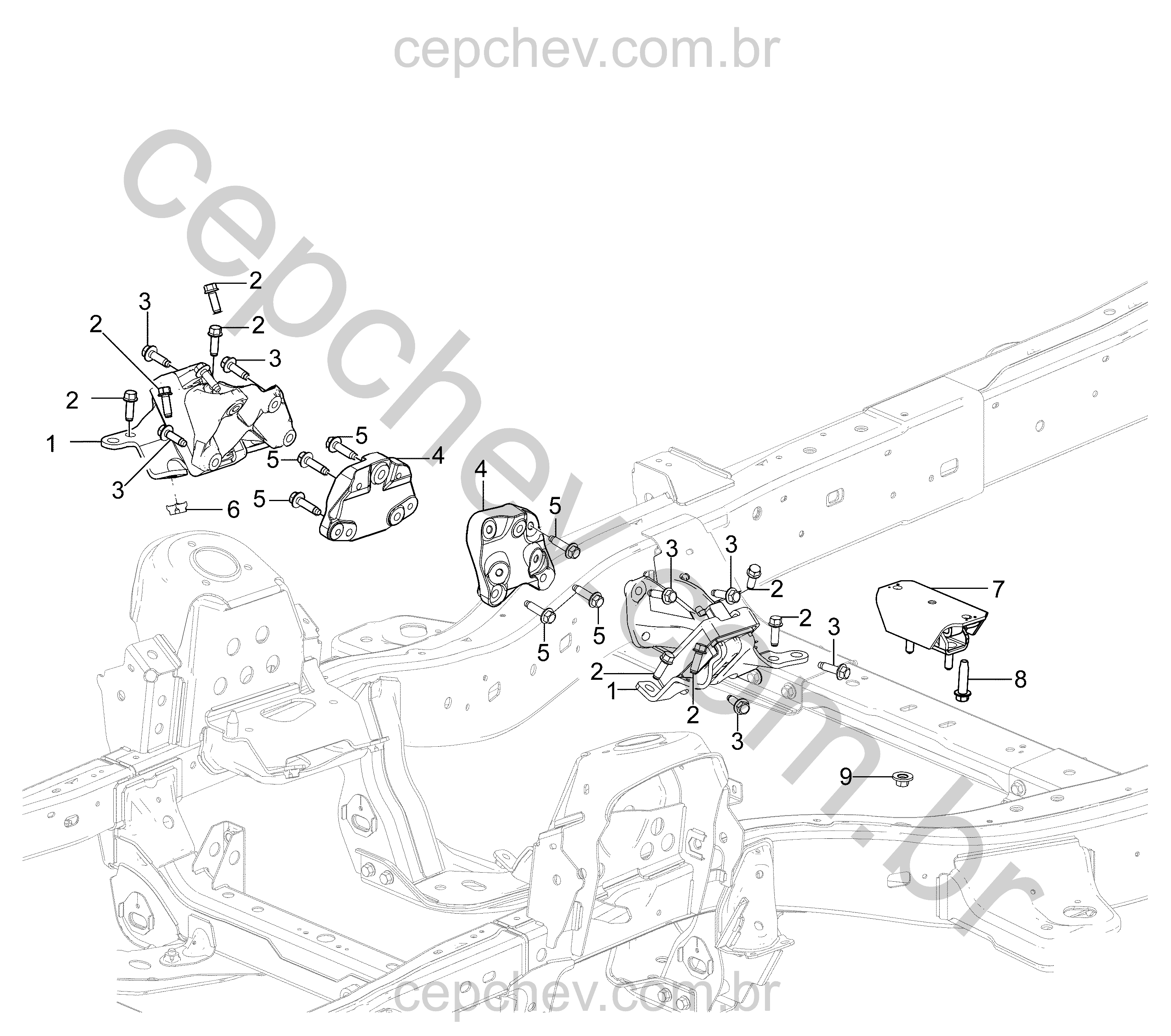 Montagem motor e transmissão com suportes, coxins e fixações diversas