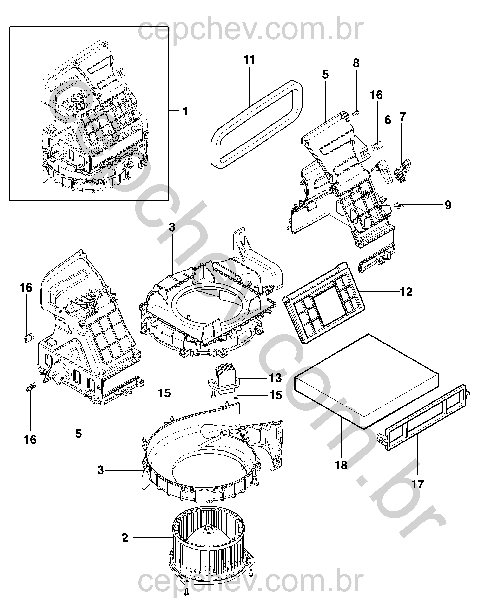 Conjunto do soprador do ar-condicionado com motor, resistor e ventilação auxiliar