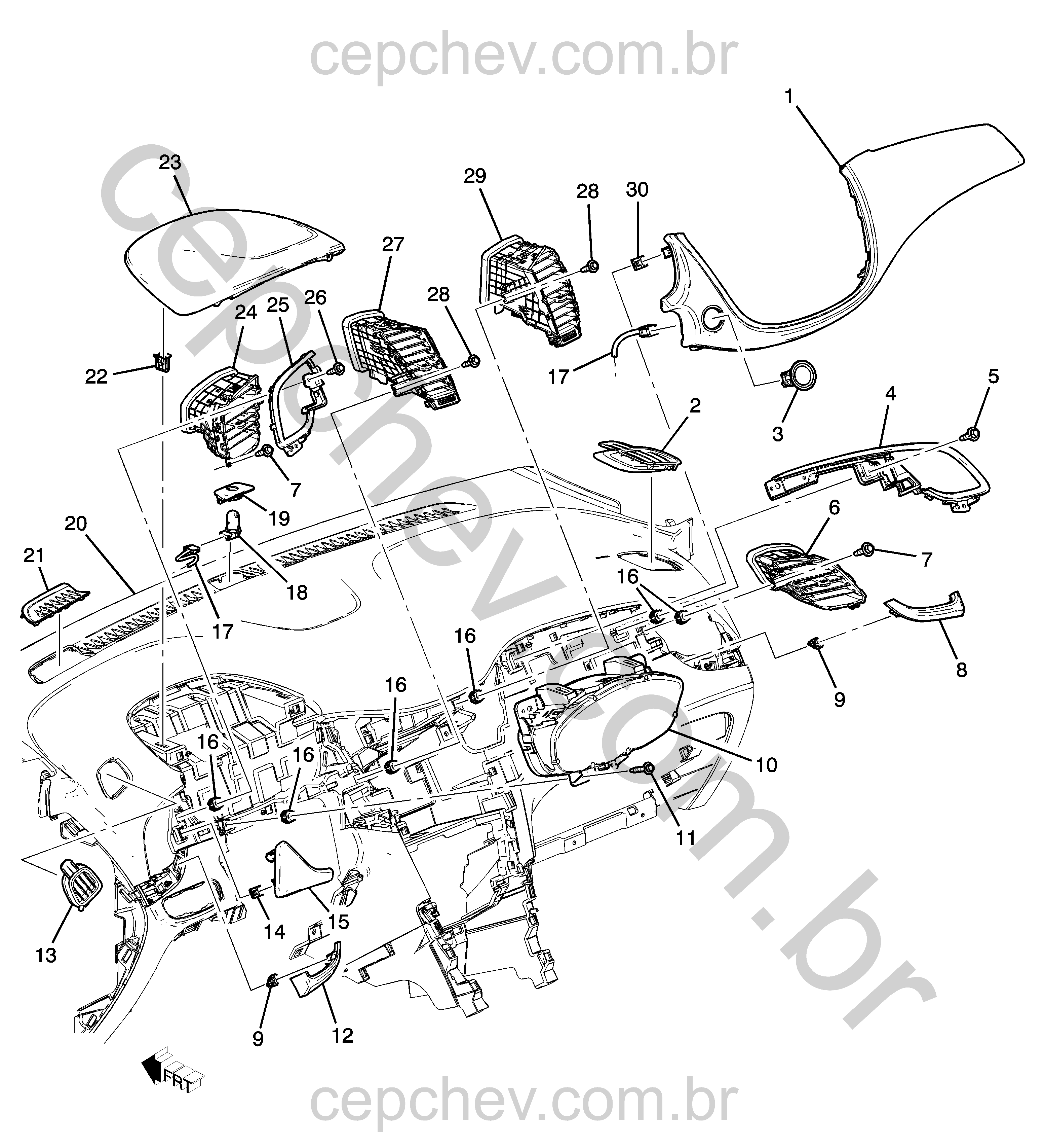 Painel de instrumentos superior com acabamento, saída de ar e fiação elétrica