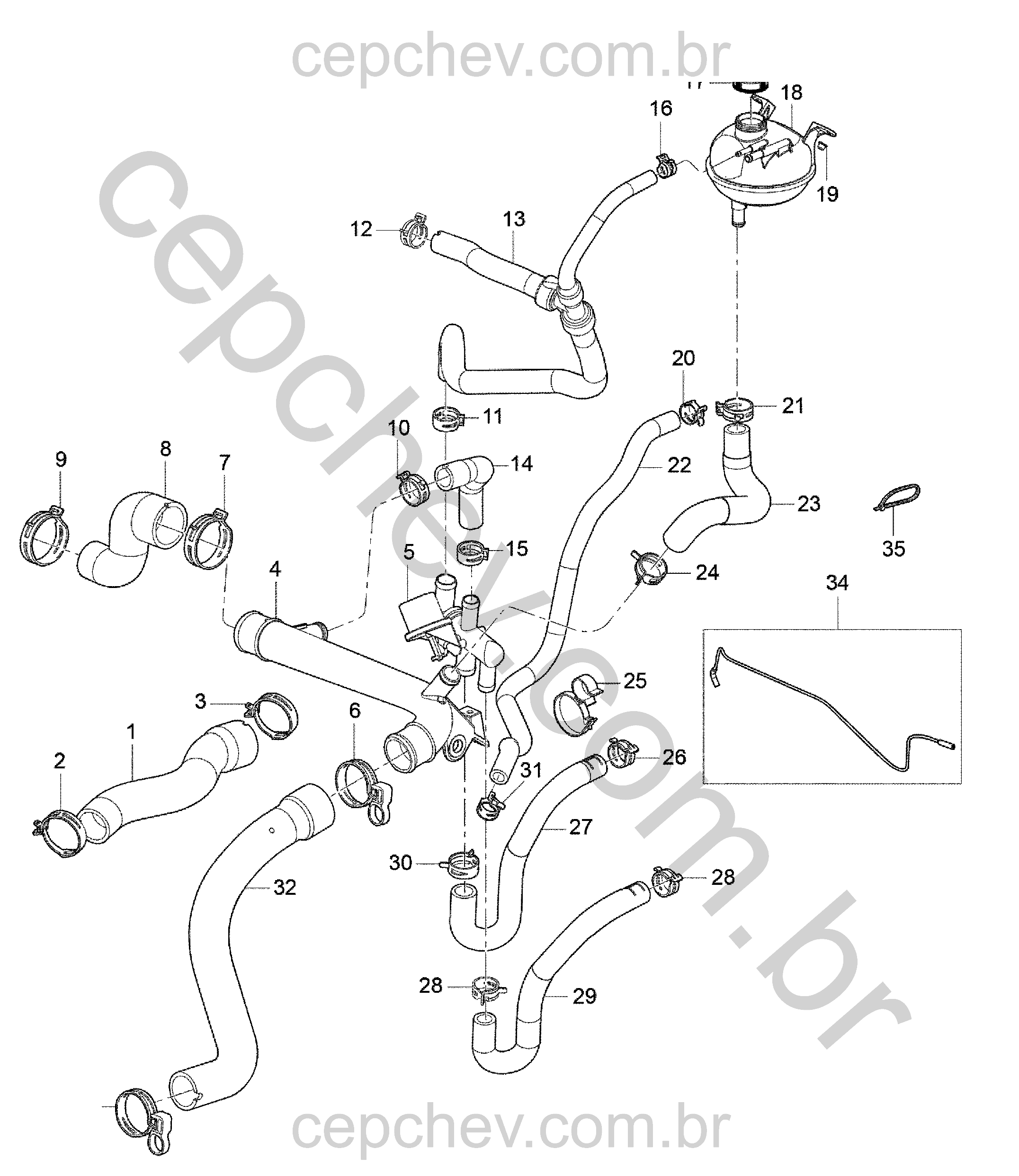 Sistema de arrefecimento motor C60 (2011–2017) com reservatório e mangueiras