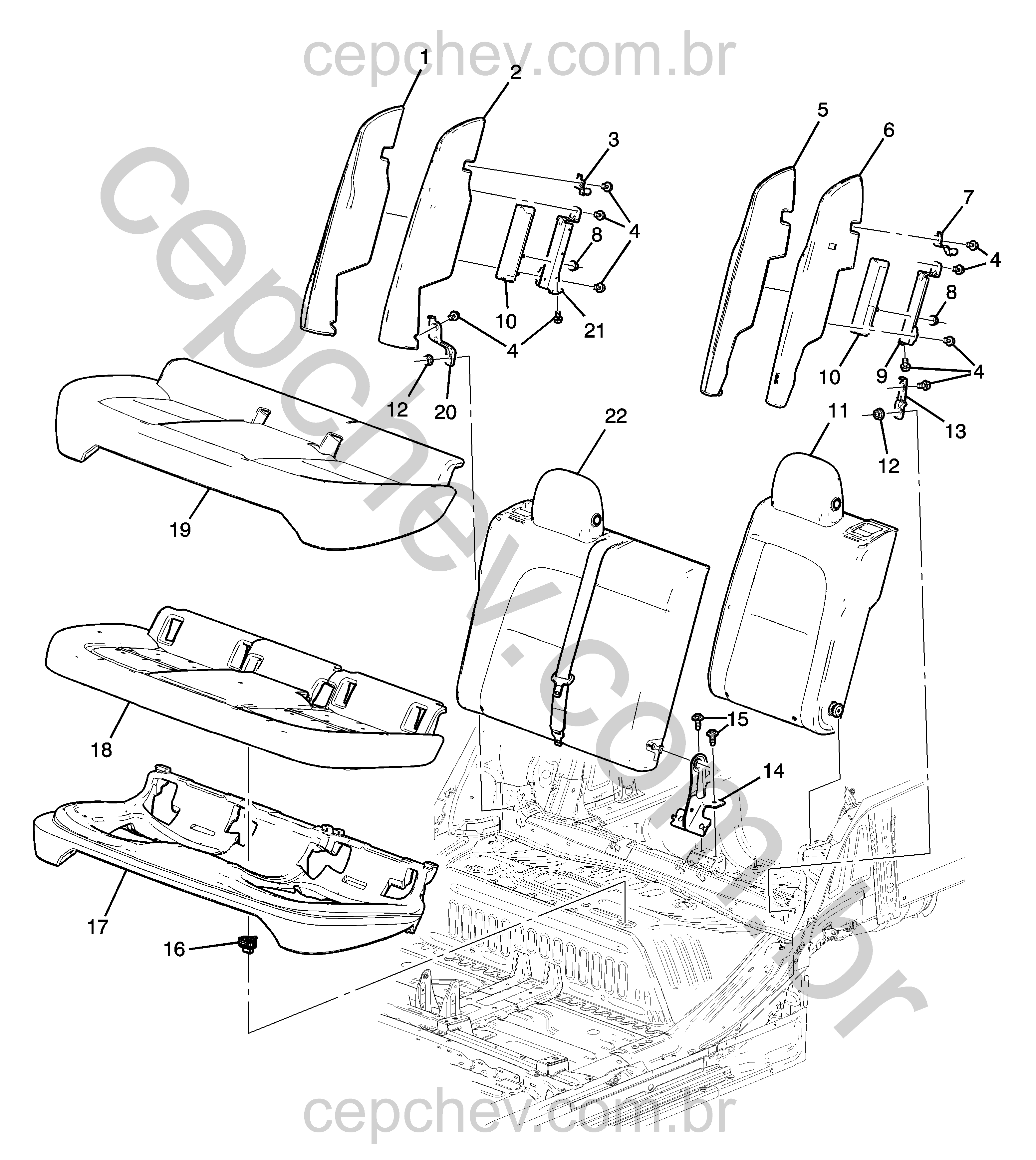 Conjunto banco traseiro e fixação com airbag lateral (exceto aquecedor)