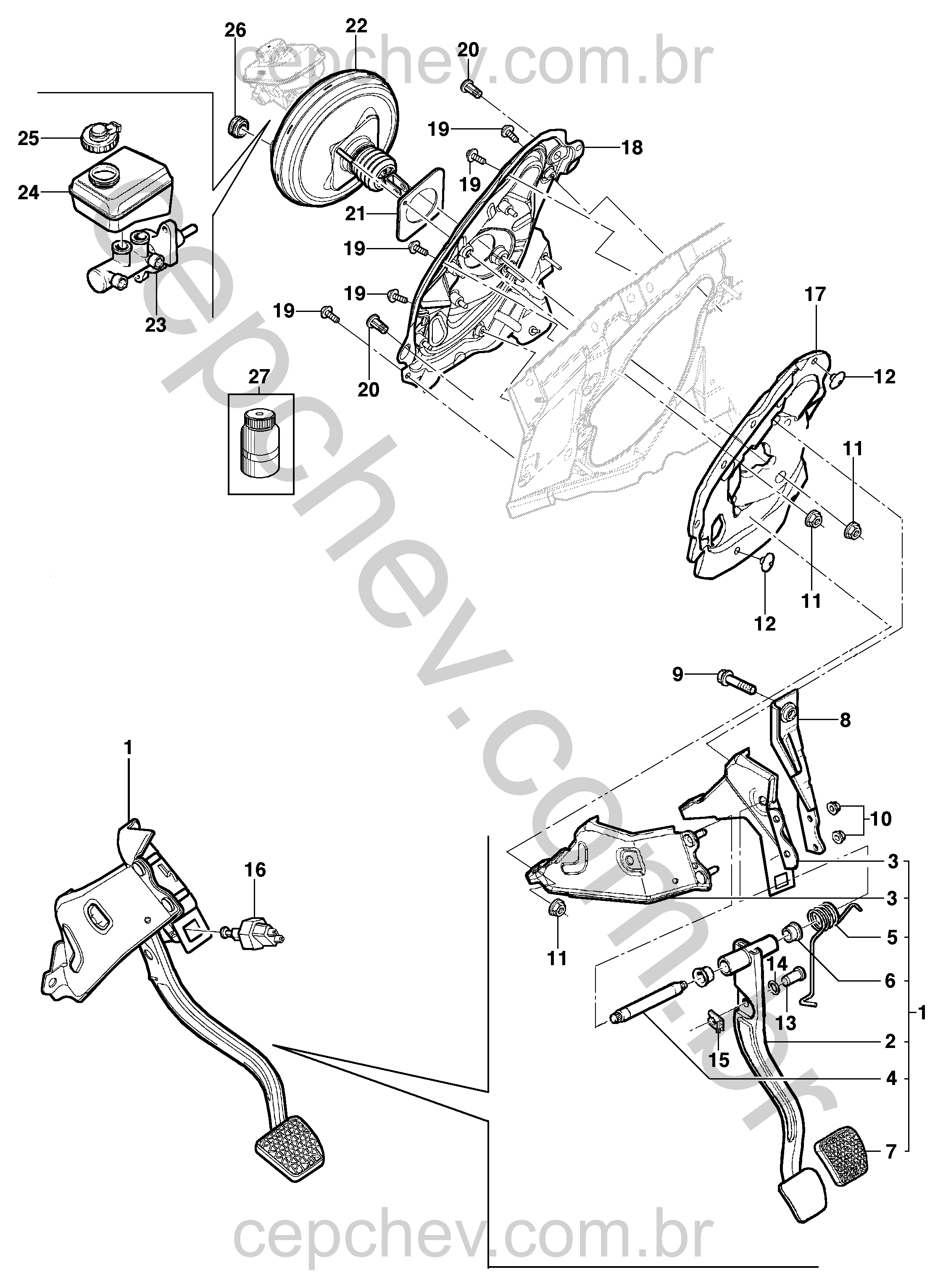 Pedal, cilindro-mestre e servo-freio para sedan, hatch e pick-up