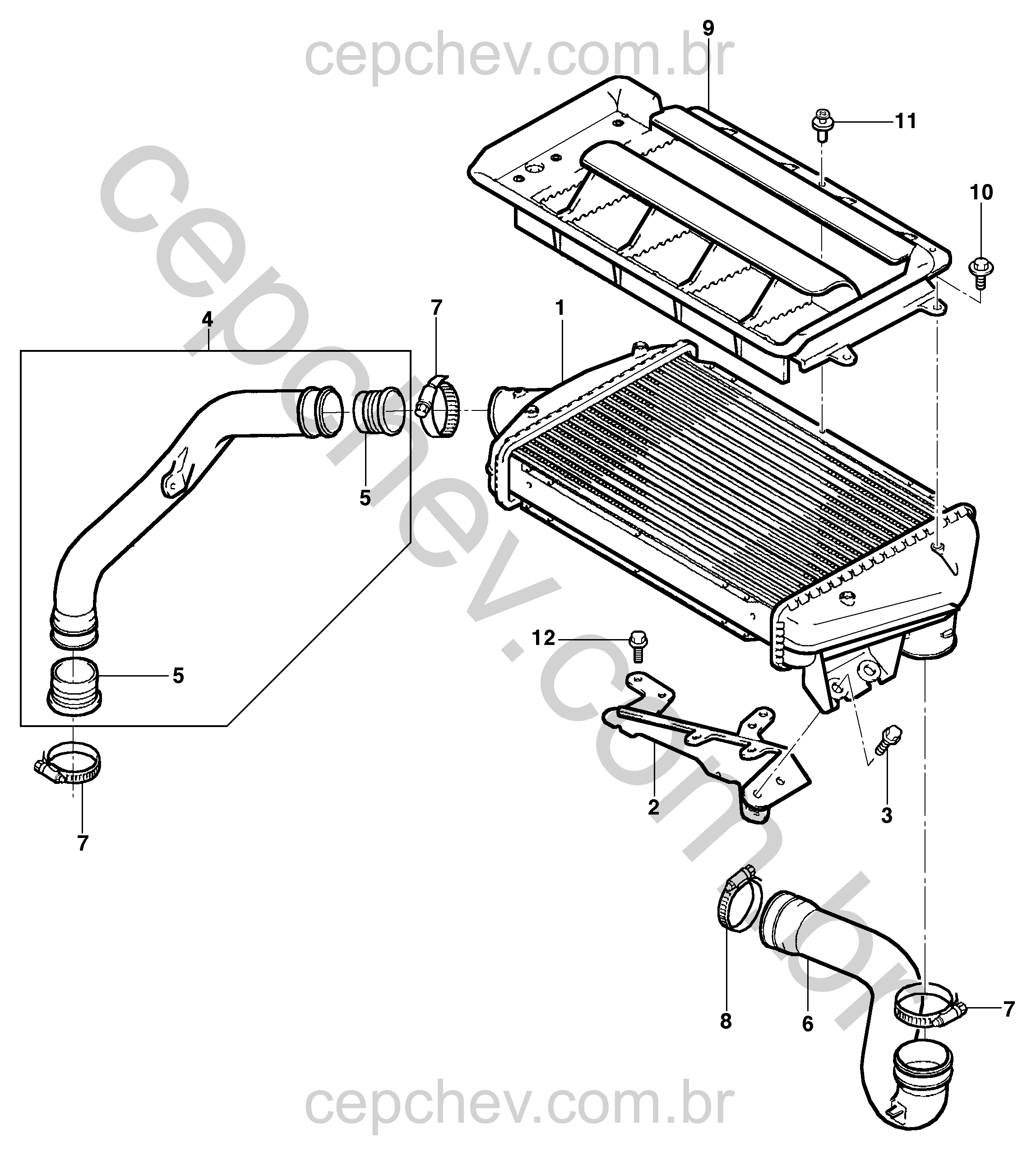 Pós-resfriador de ar para motor diesel (2002–2004) e componentes associados