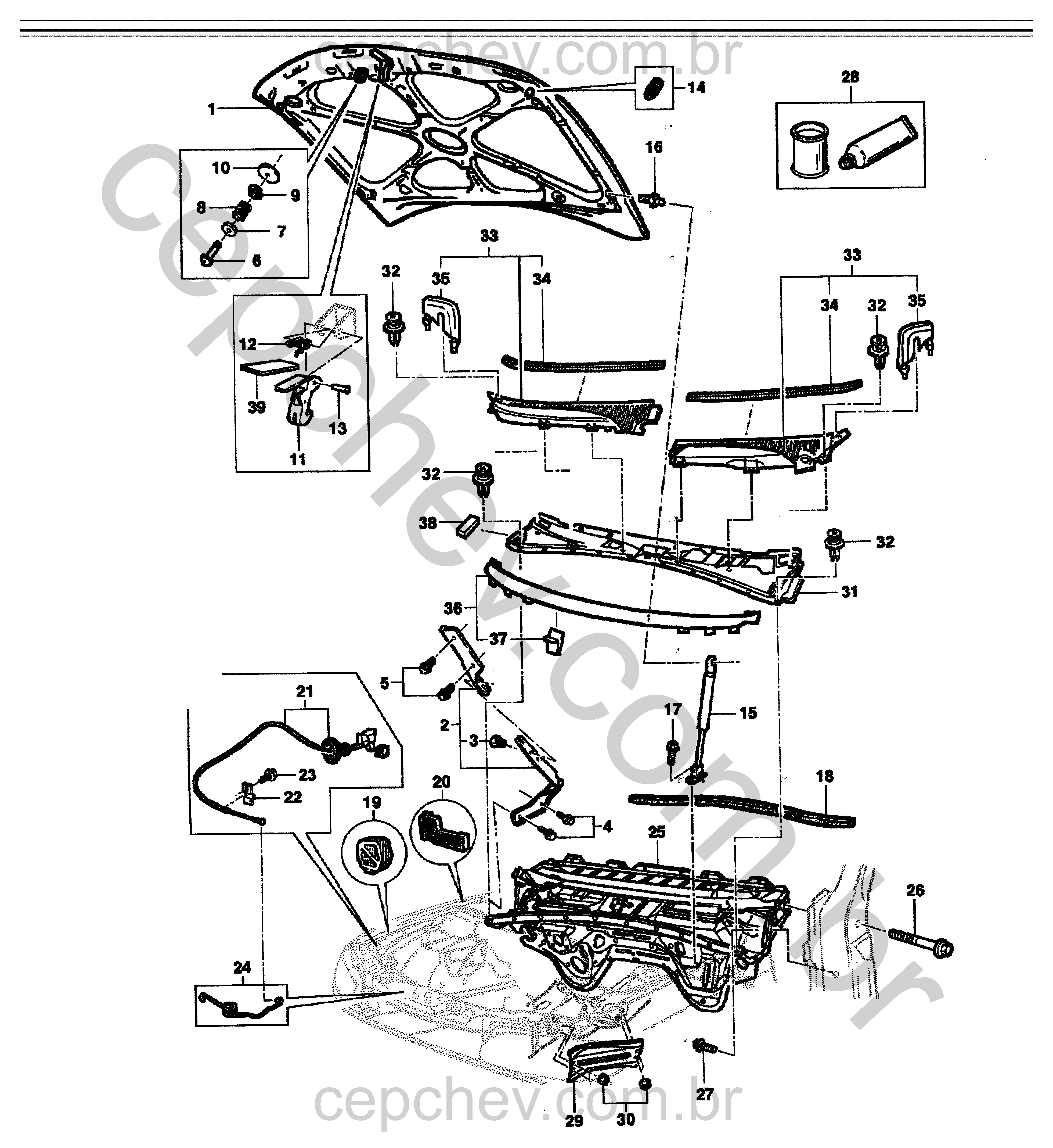 Painel dash, capuz do motor e fixações (1999–2006)