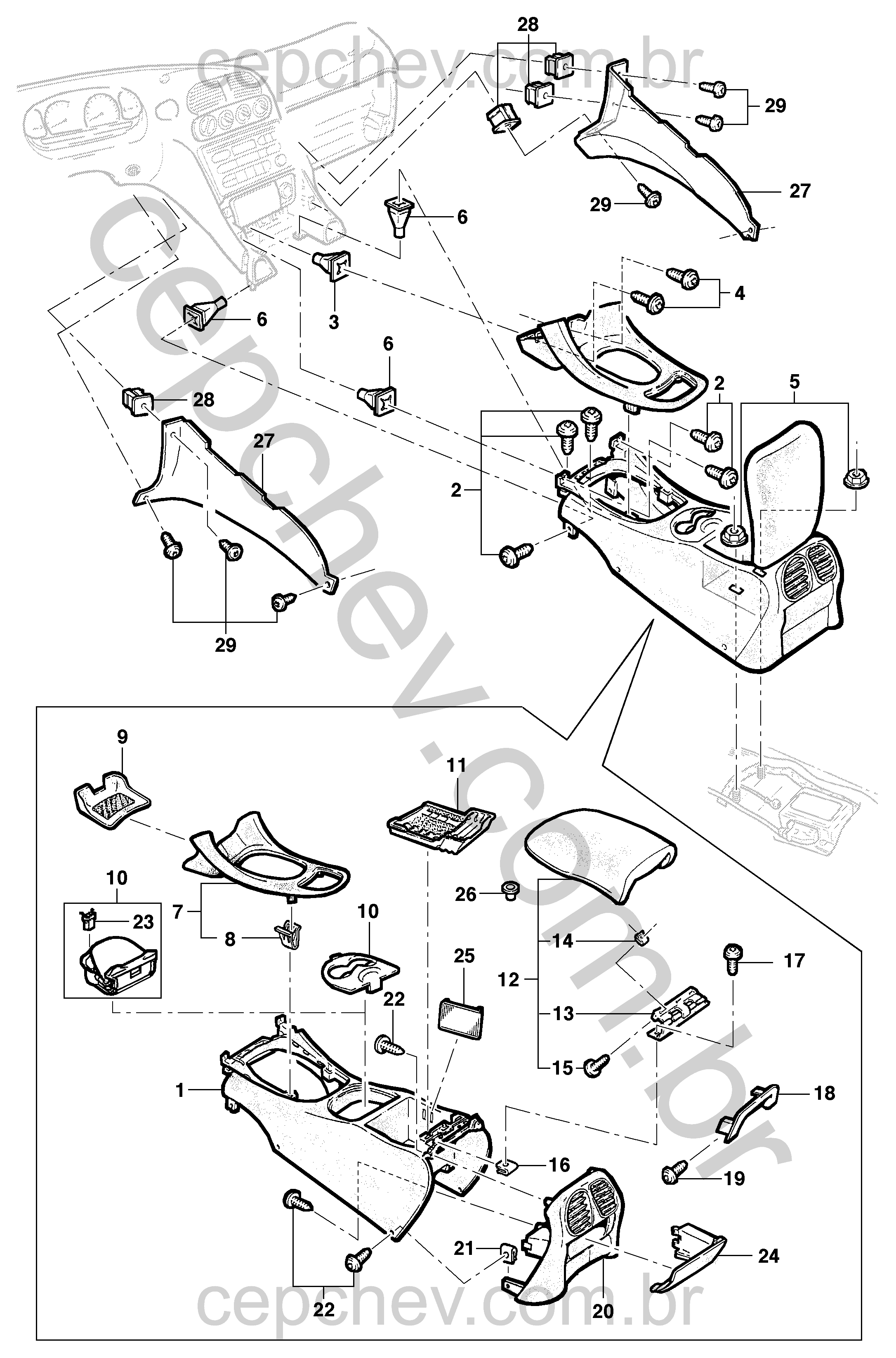 Console cinza, descanso de braço, porta-copos e acabamento (1999–2002)