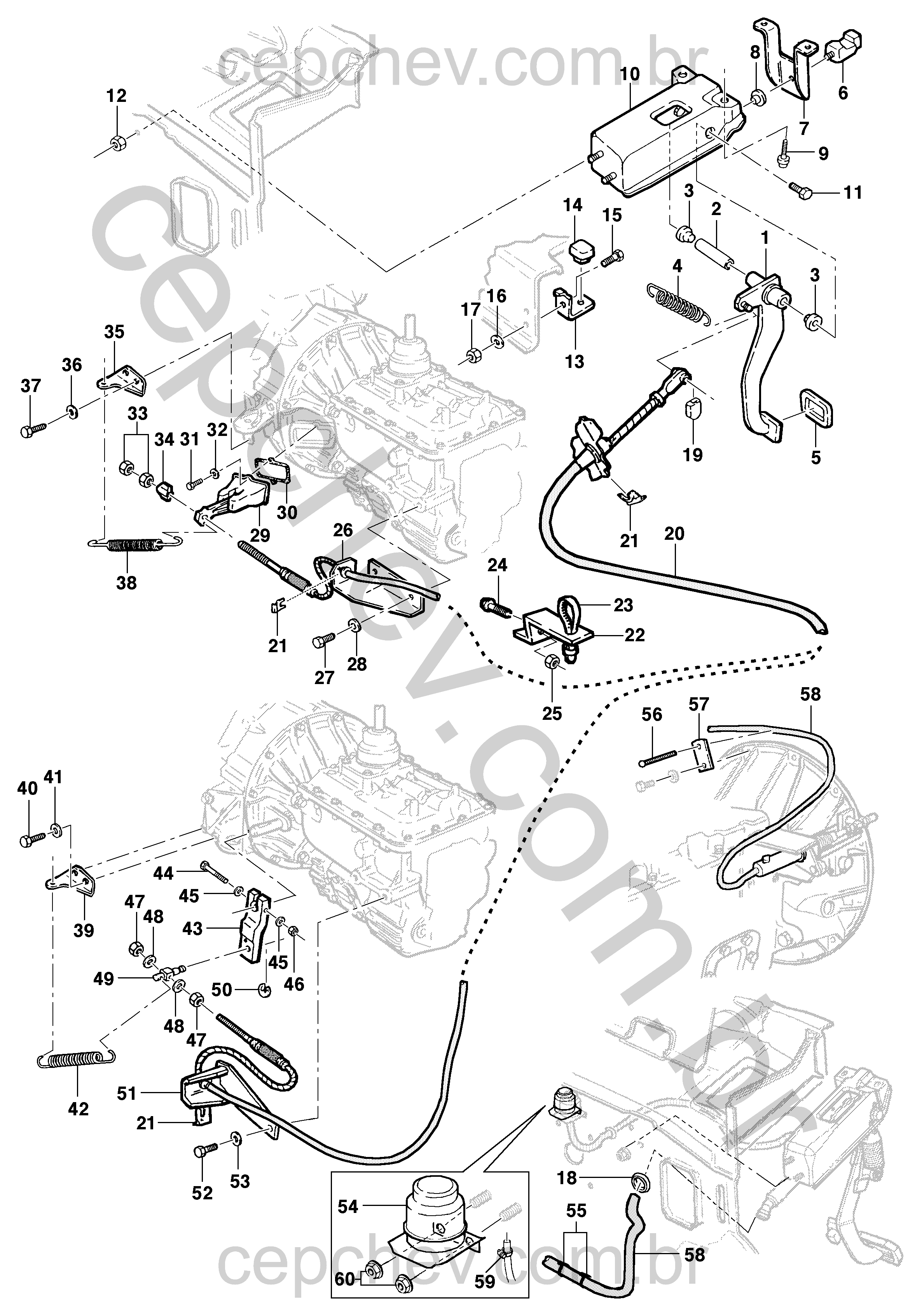 Pedal e controle da embreagem para modelos 12/14/16 com cilindro e cabo