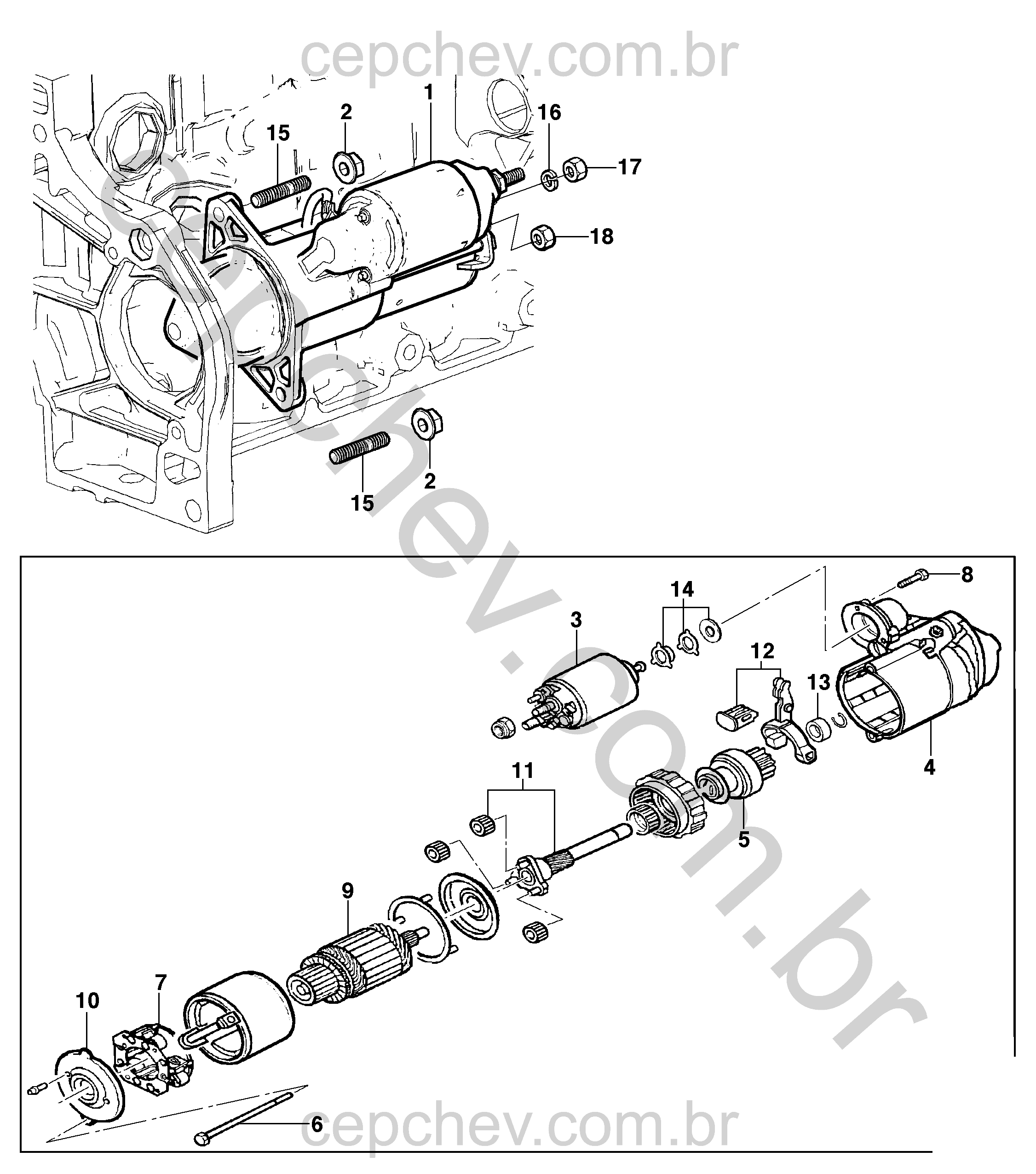 Motor partida 12V 0,9KW/1,4KW (2010) peças e fiação completa