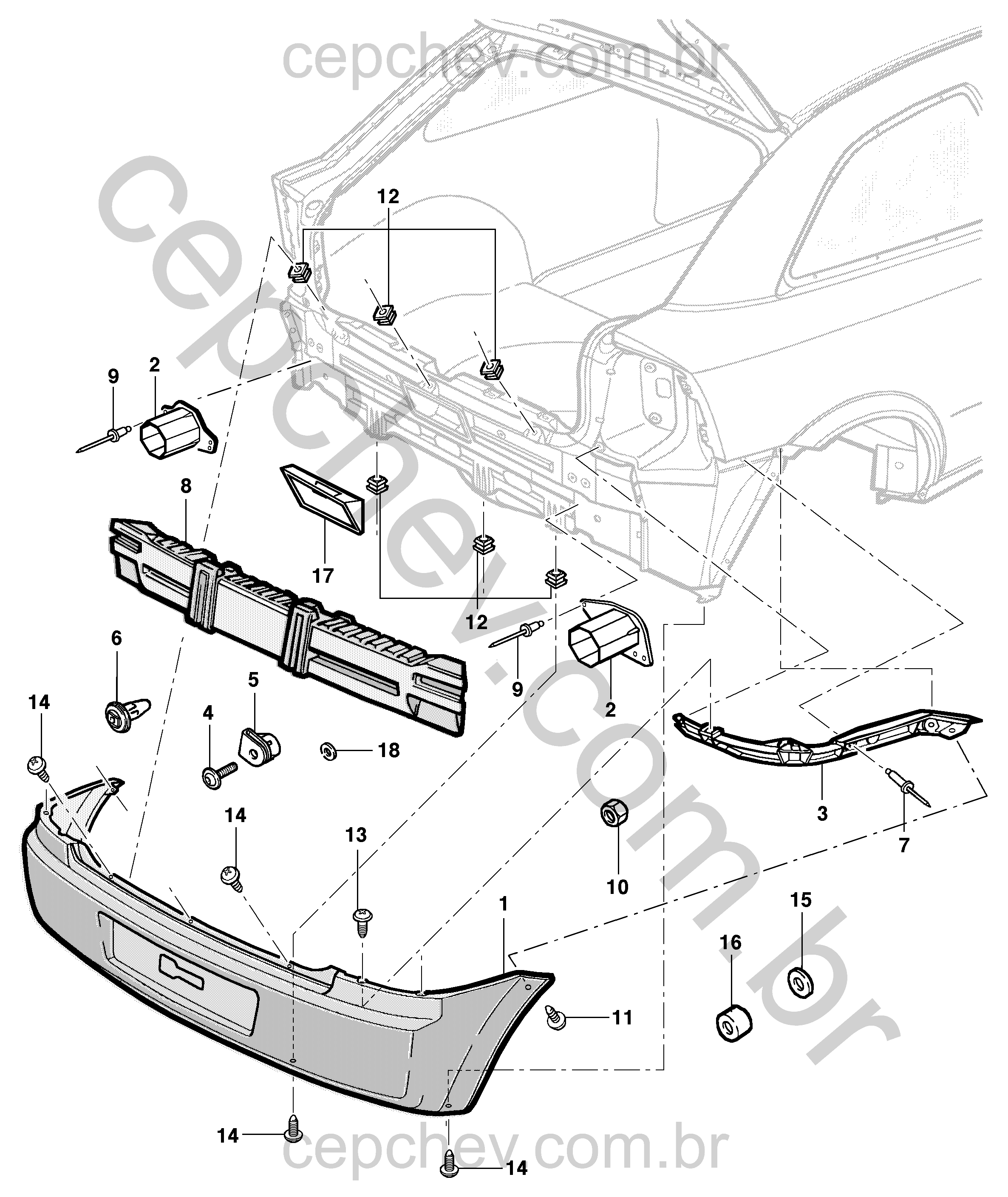 Pára-choque traseiro hatch/sedan (2003–) e peças de fixação e impacto