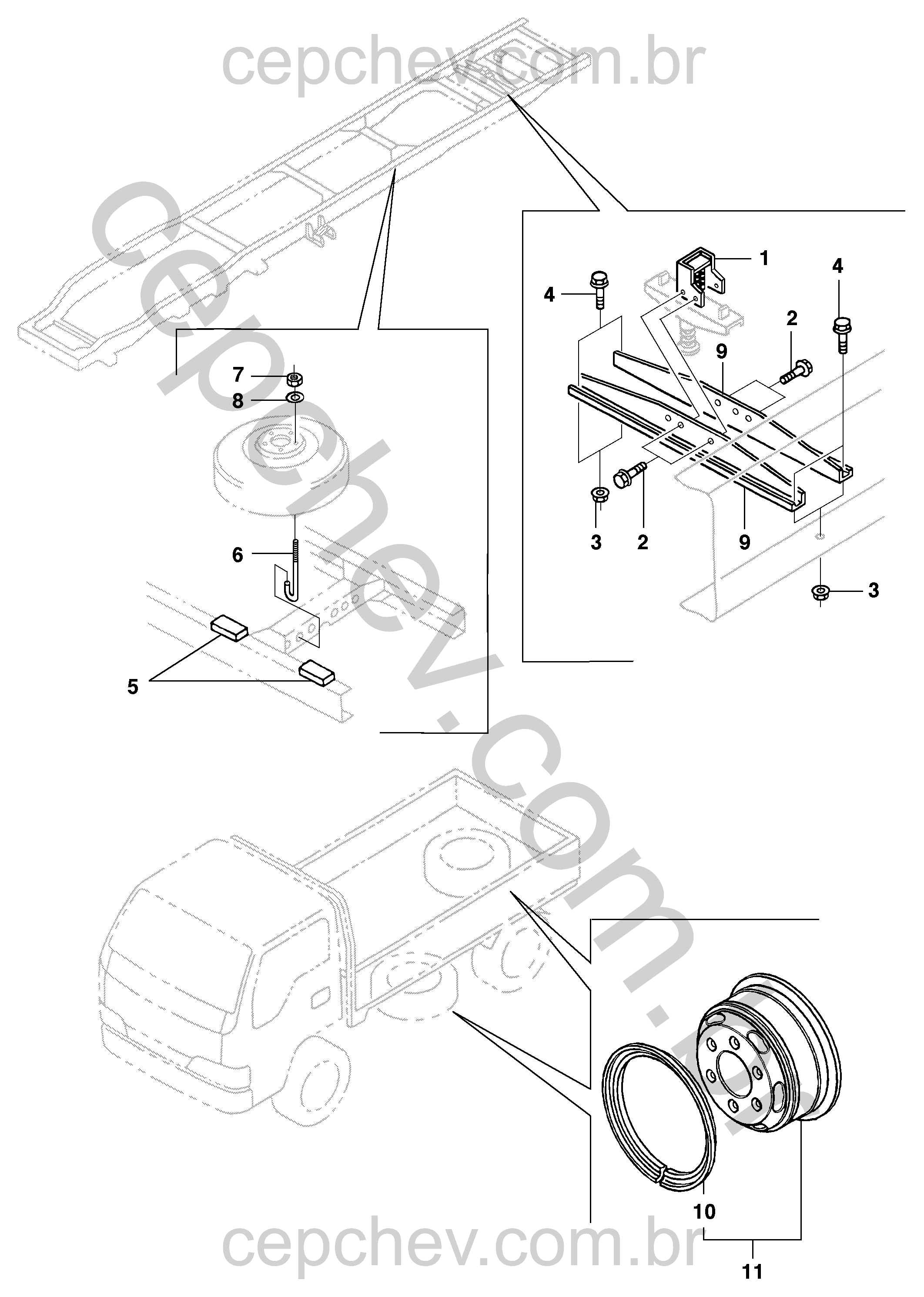 Roda sobressalente e suporte completo para fixação e segurança