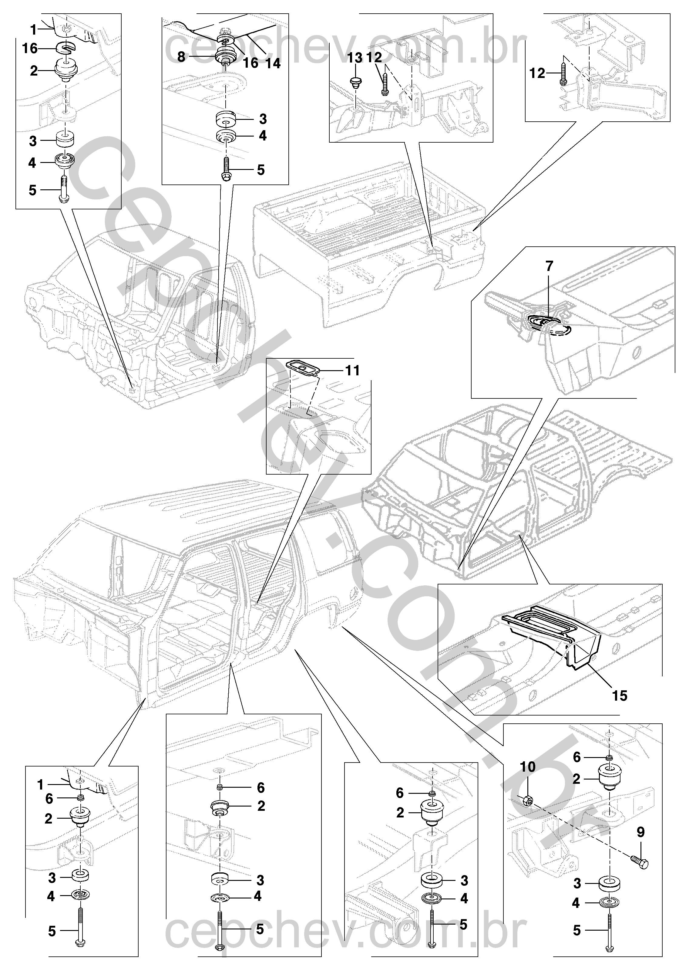 Montagem da cabine, carroceria e caçamba com suportes, parafusos e coxins