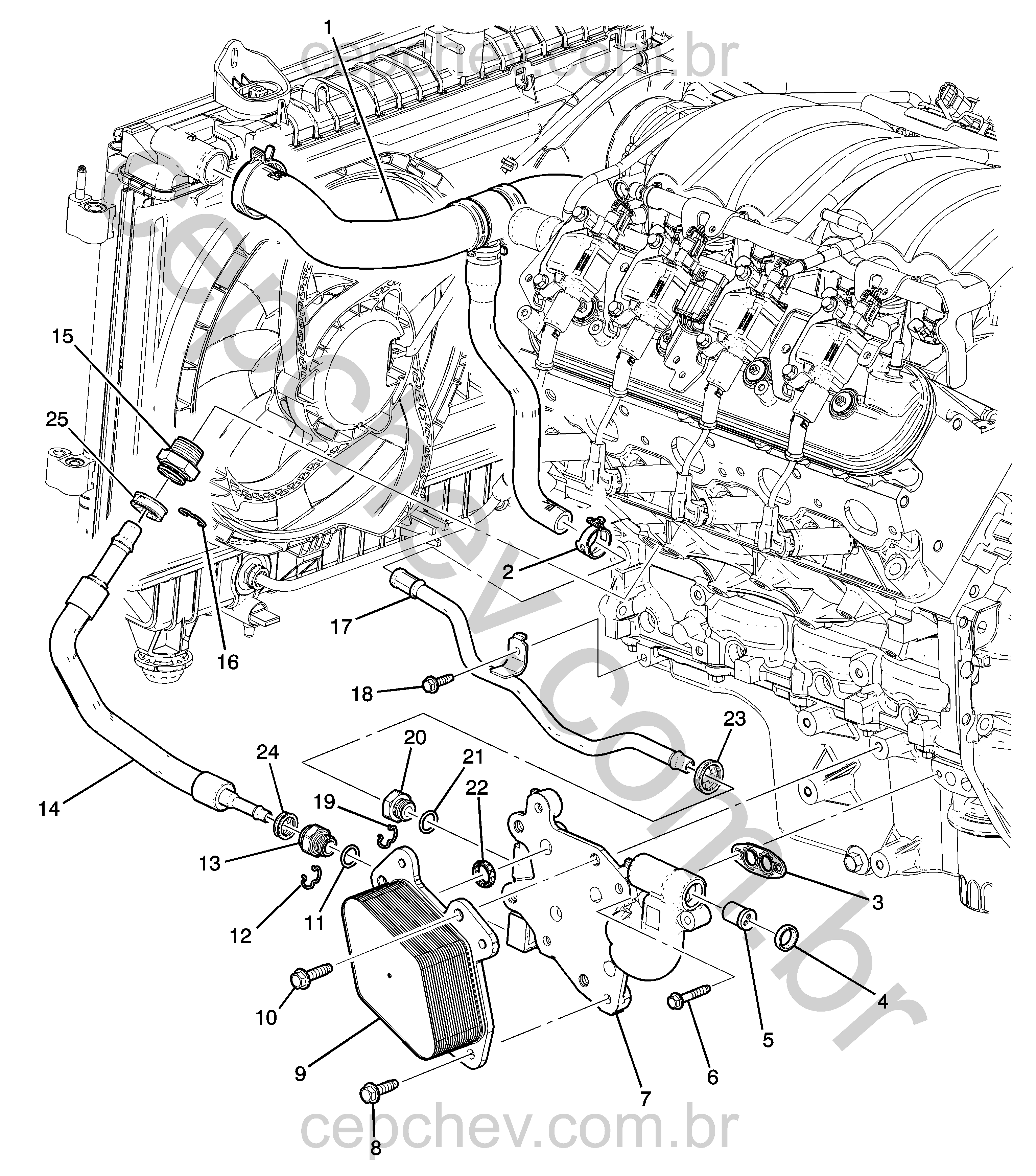 Radiador e linhas do óleo do motor (L99/6.2J)