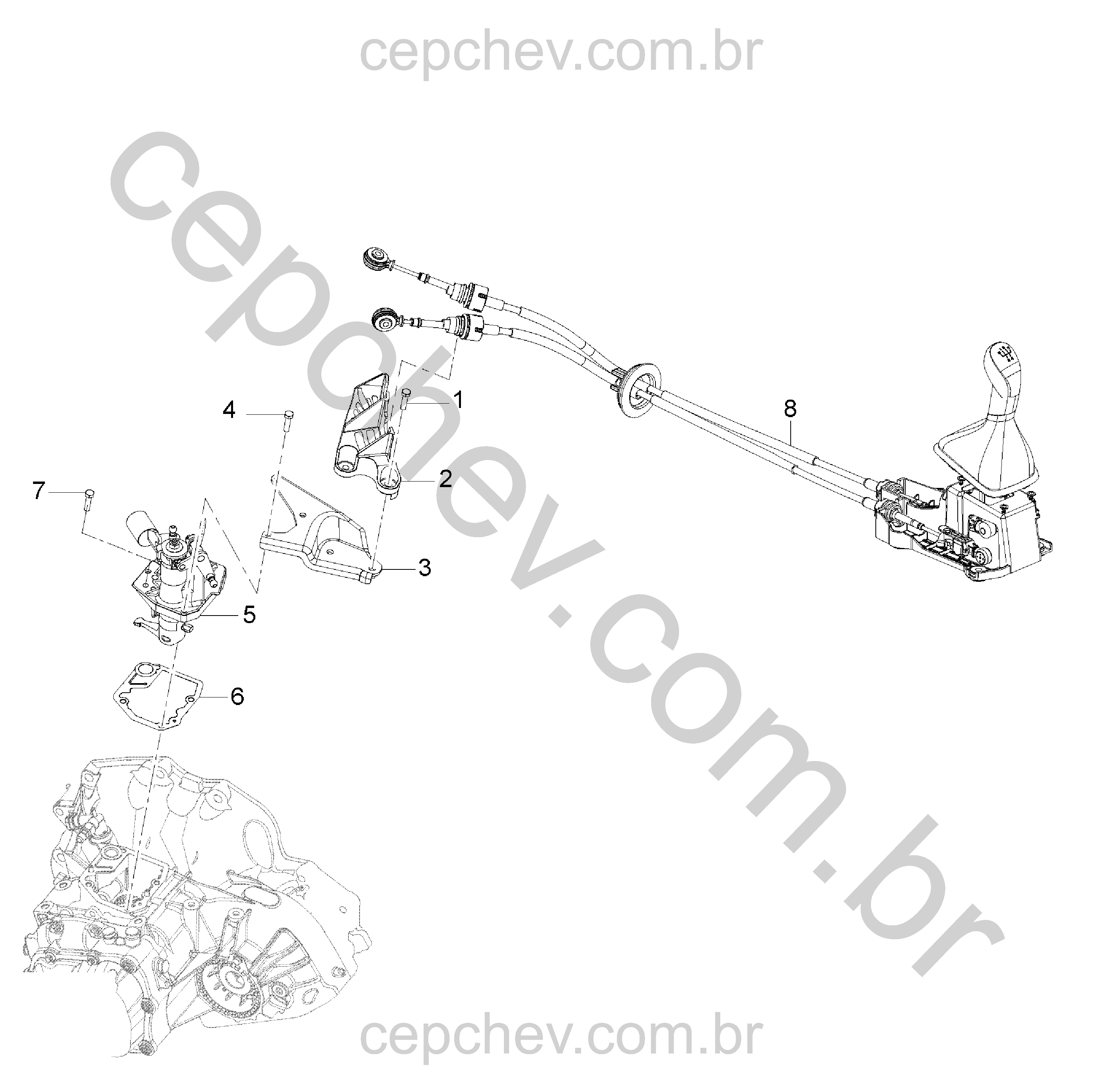 Alavanca e componentes do câmbio manual para controle de transmissão