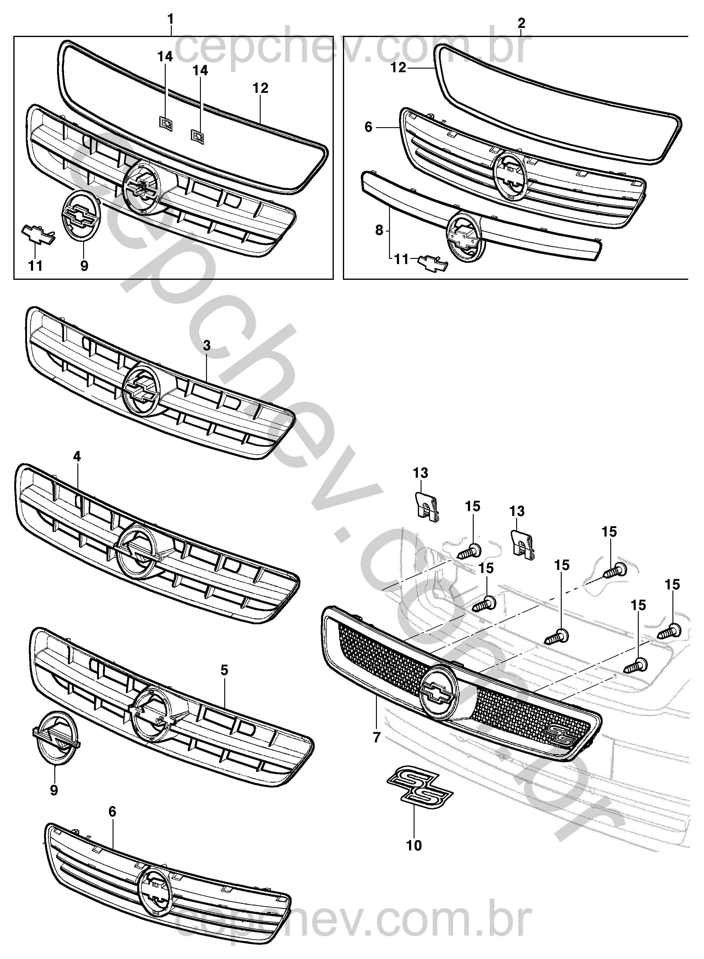 Grade do radiador para sedan, hatch e pick-up com emblemas e acessórios