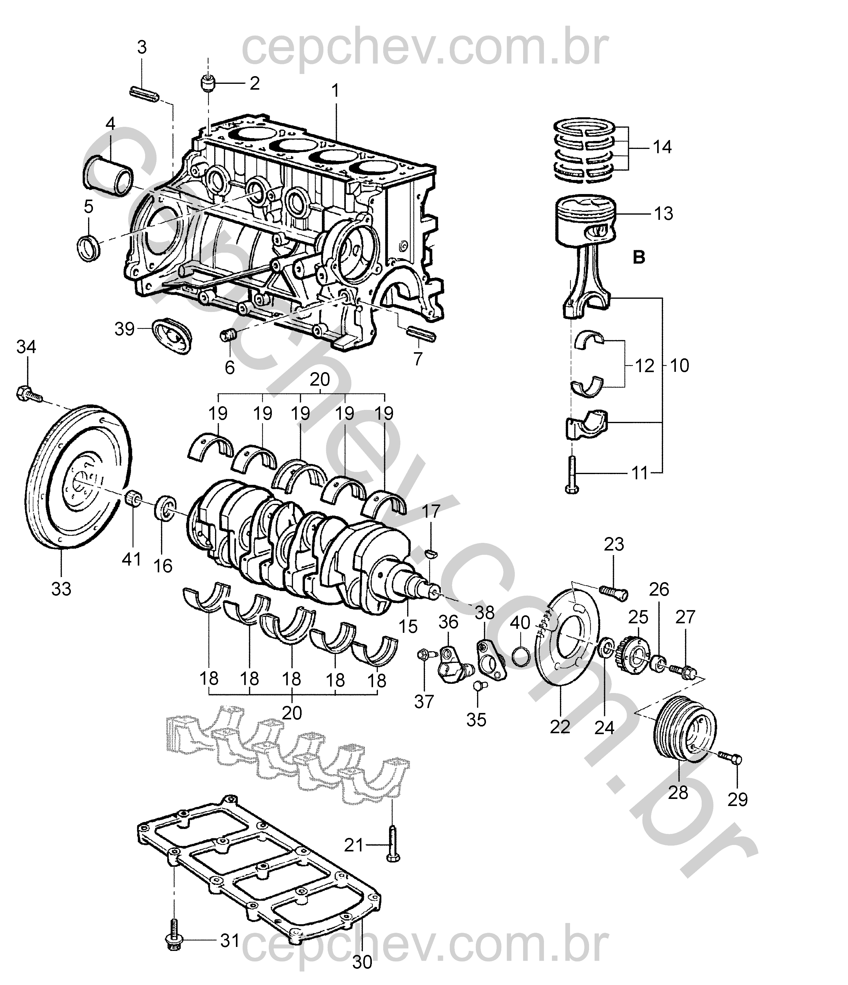 Conjunto motor 2.4L L4 com bloco, pistões, eixo e acessórios essenciais