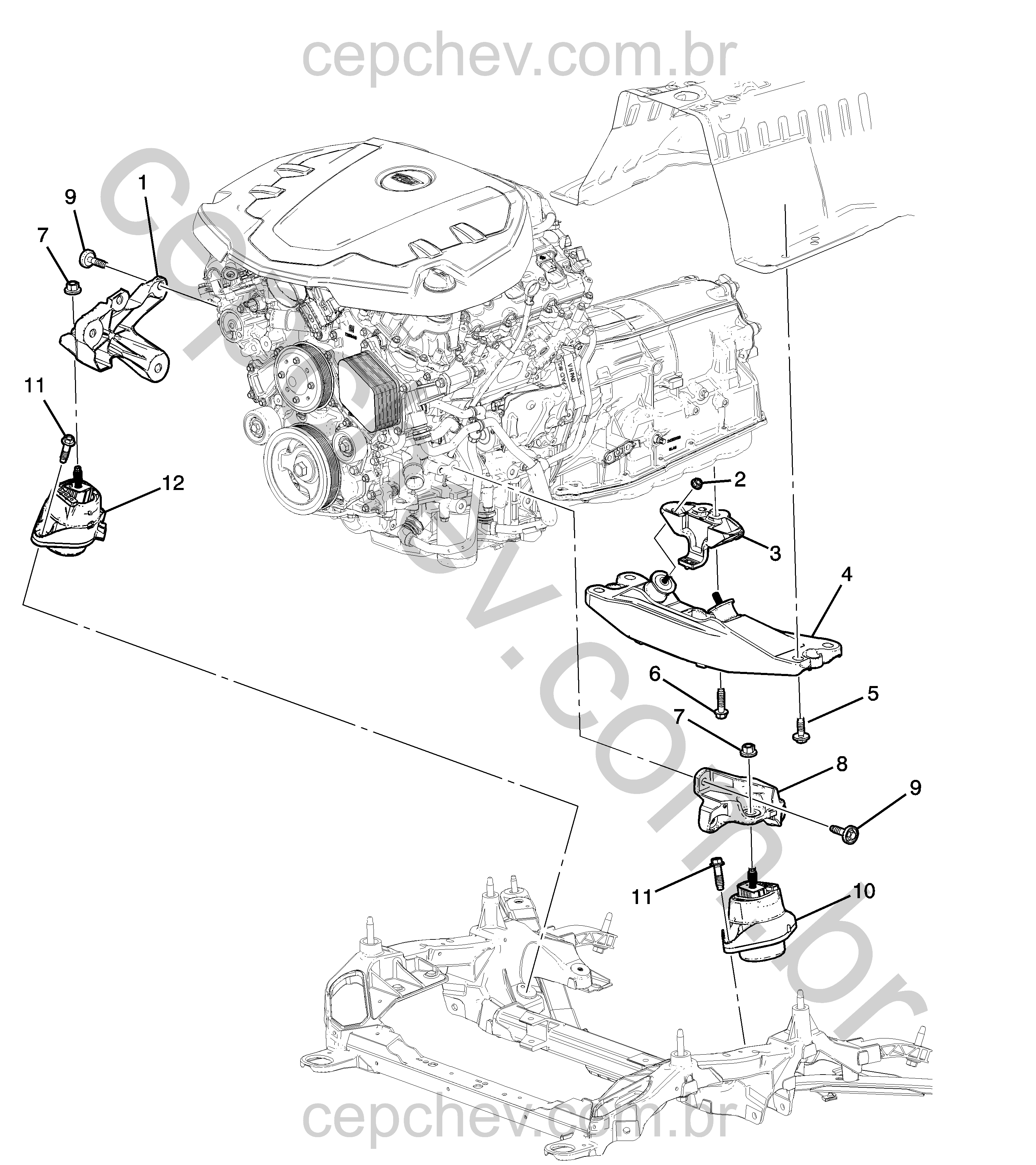 Montagem motor e transmissão (LGX/3.6S) com suportes e fixações básicas