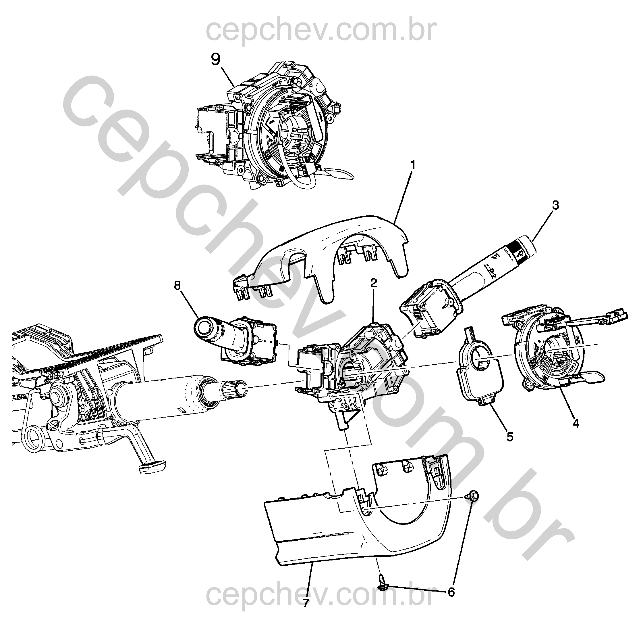 Coluna de direção com interruptores, tampas e sensor de ângulo