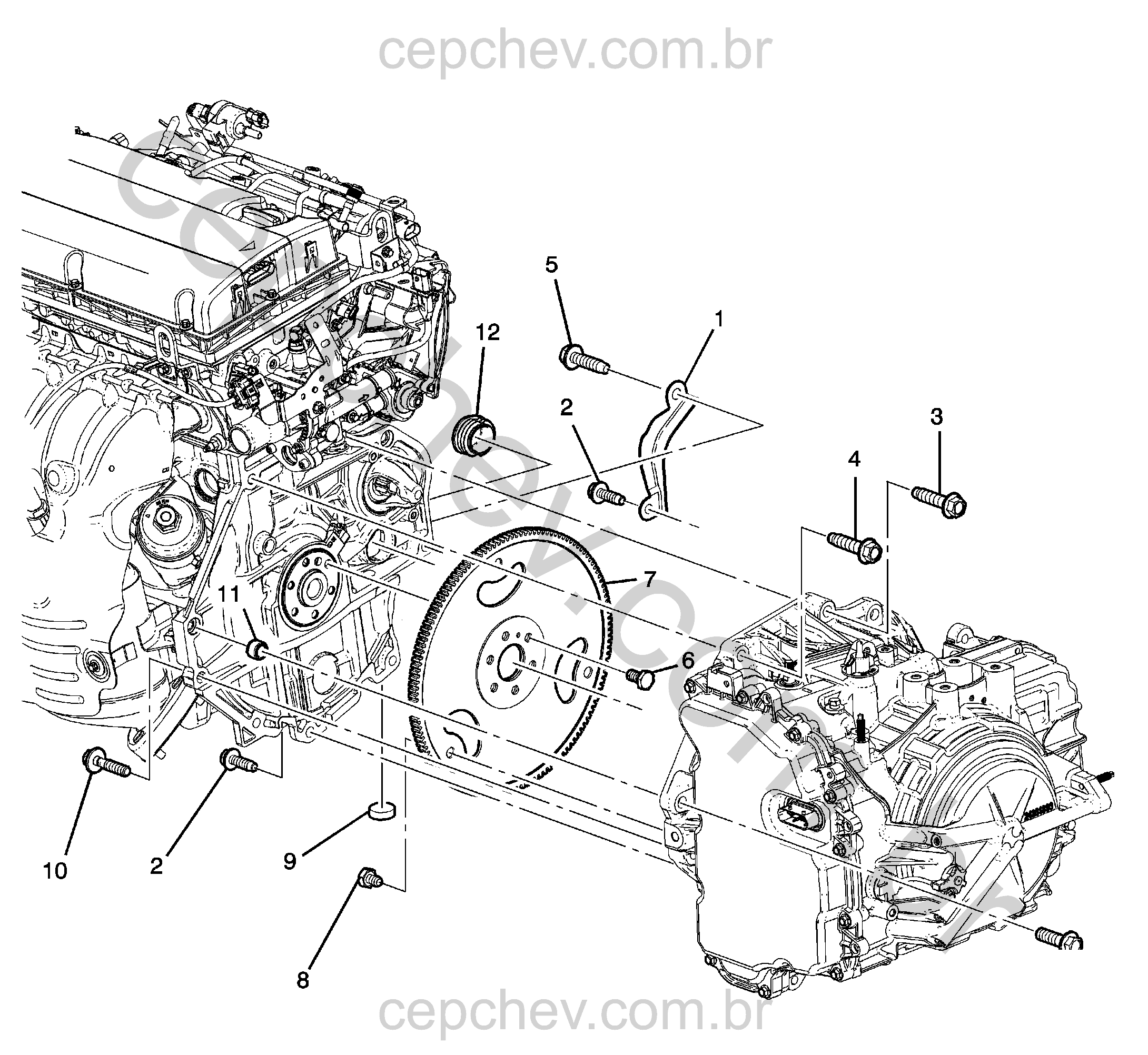Fixação do motor e transmissão automática com parafusos, eixos e conversor torque (1)