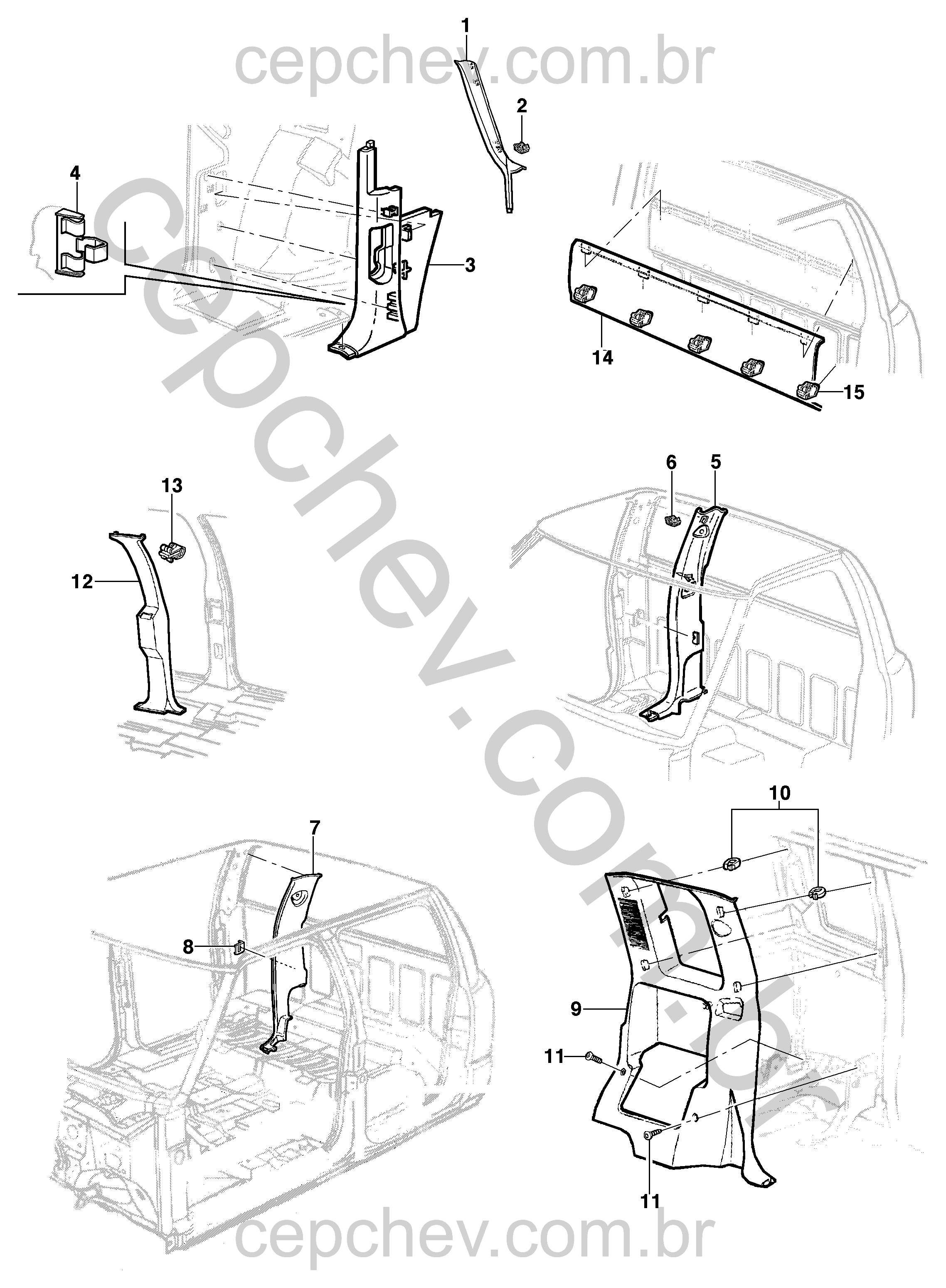 Acabamento interno da cabine para pick-up com painéis, molduras e retentores