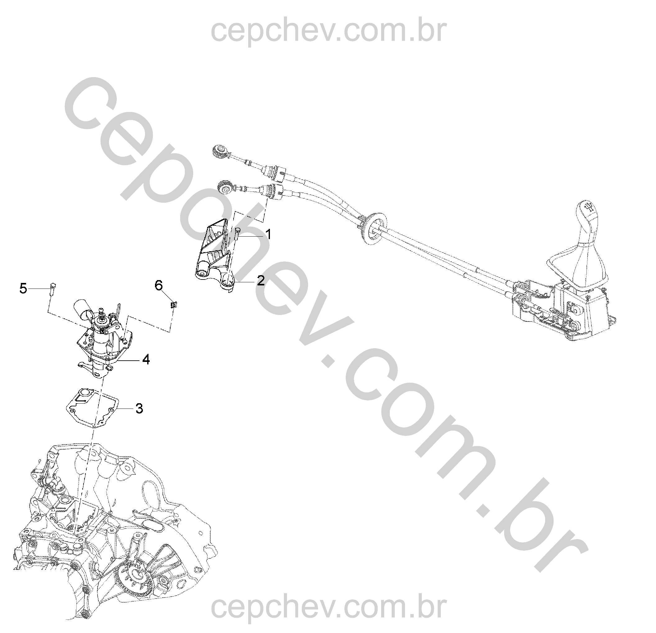 Alavanca e suporte do câmbio manual com alojamentos, cabos e parafusos