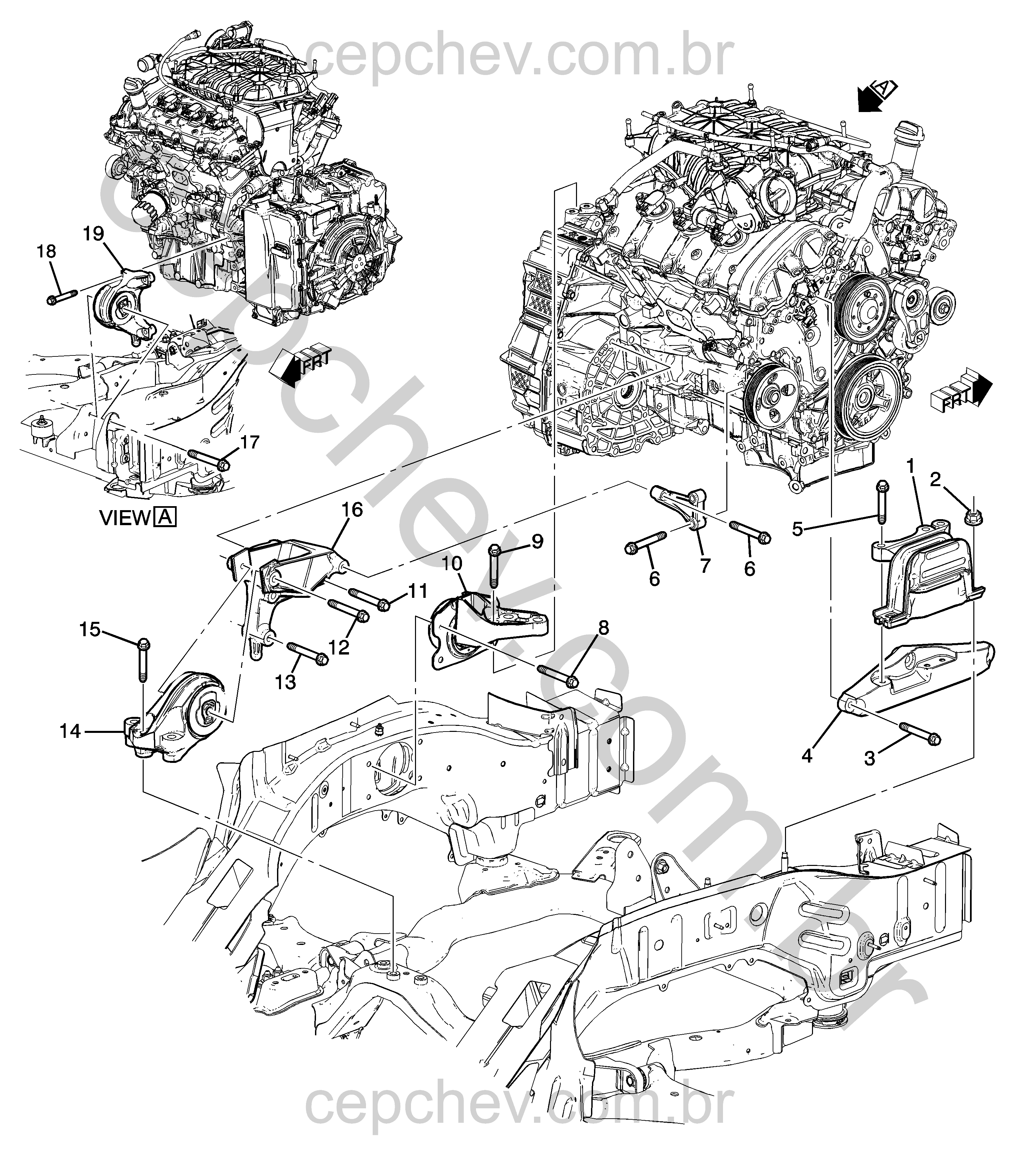 Montagem do motor e transmissão (LF1/3,0Y, MHK) com suportes e fixações