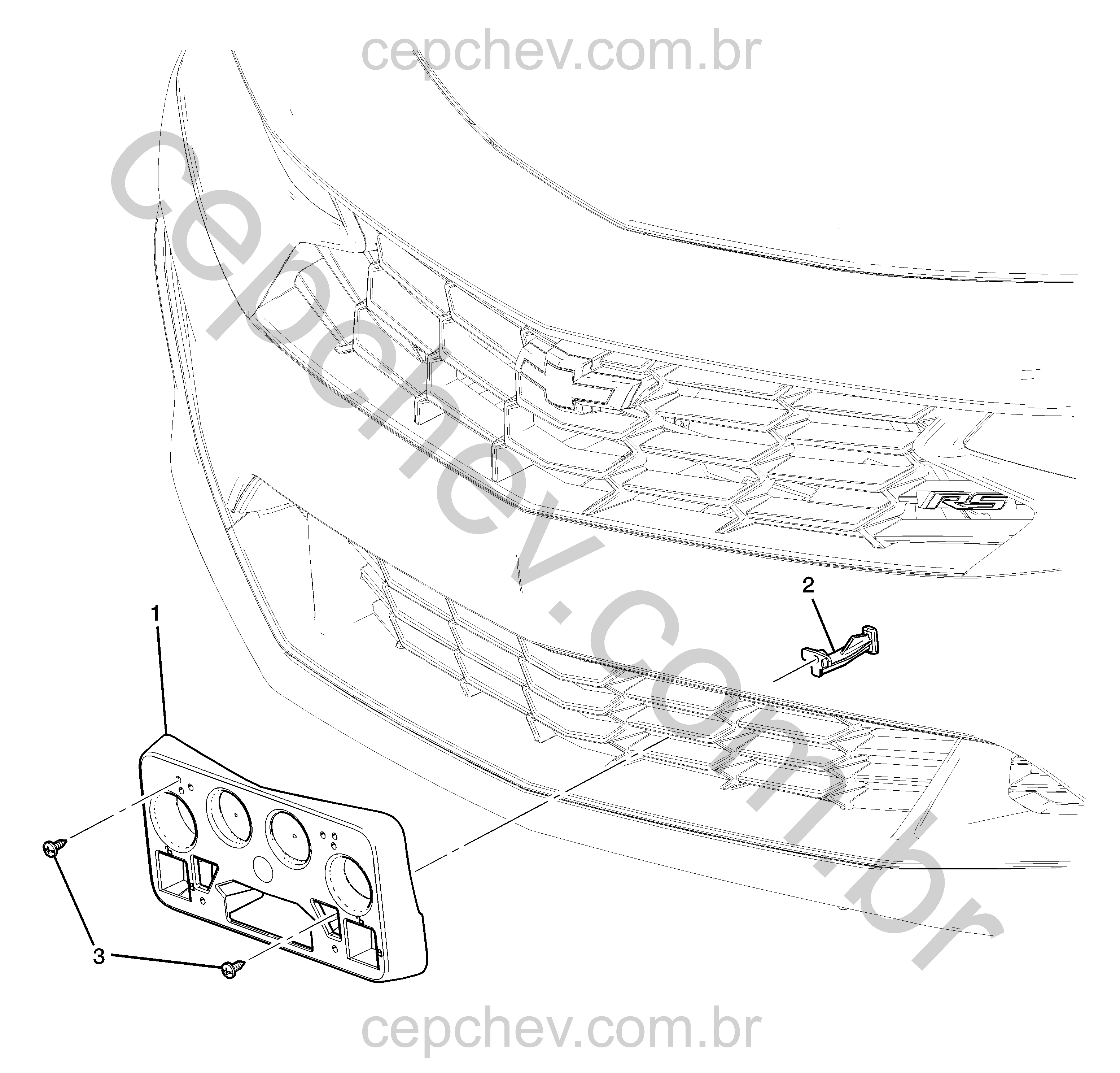 Fixação placa (2019–2024) com parafusos, suportes e retentor
