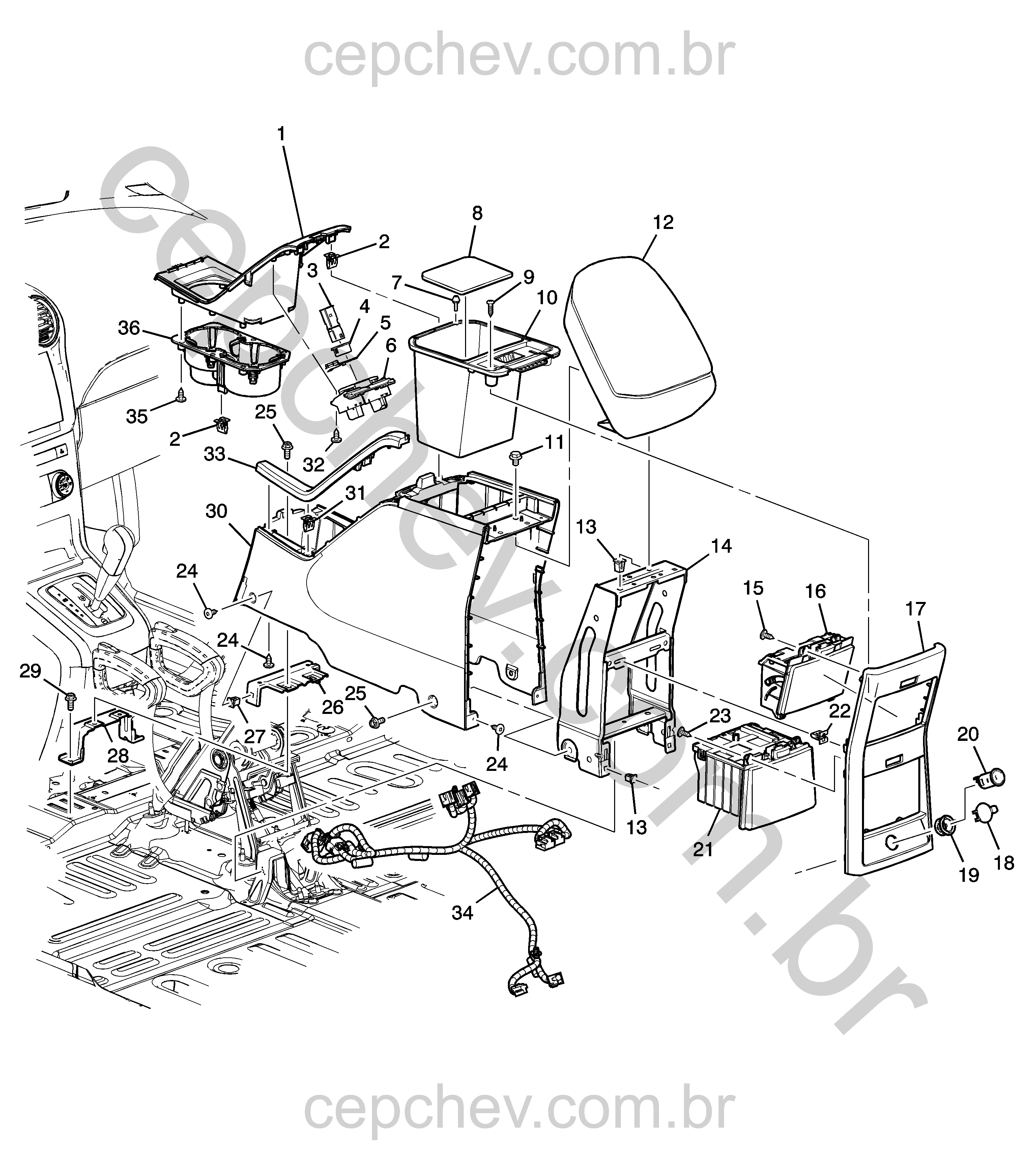 Console e assoalho dianteiro e traseiro (2008–2010) com acessórios e acabamento