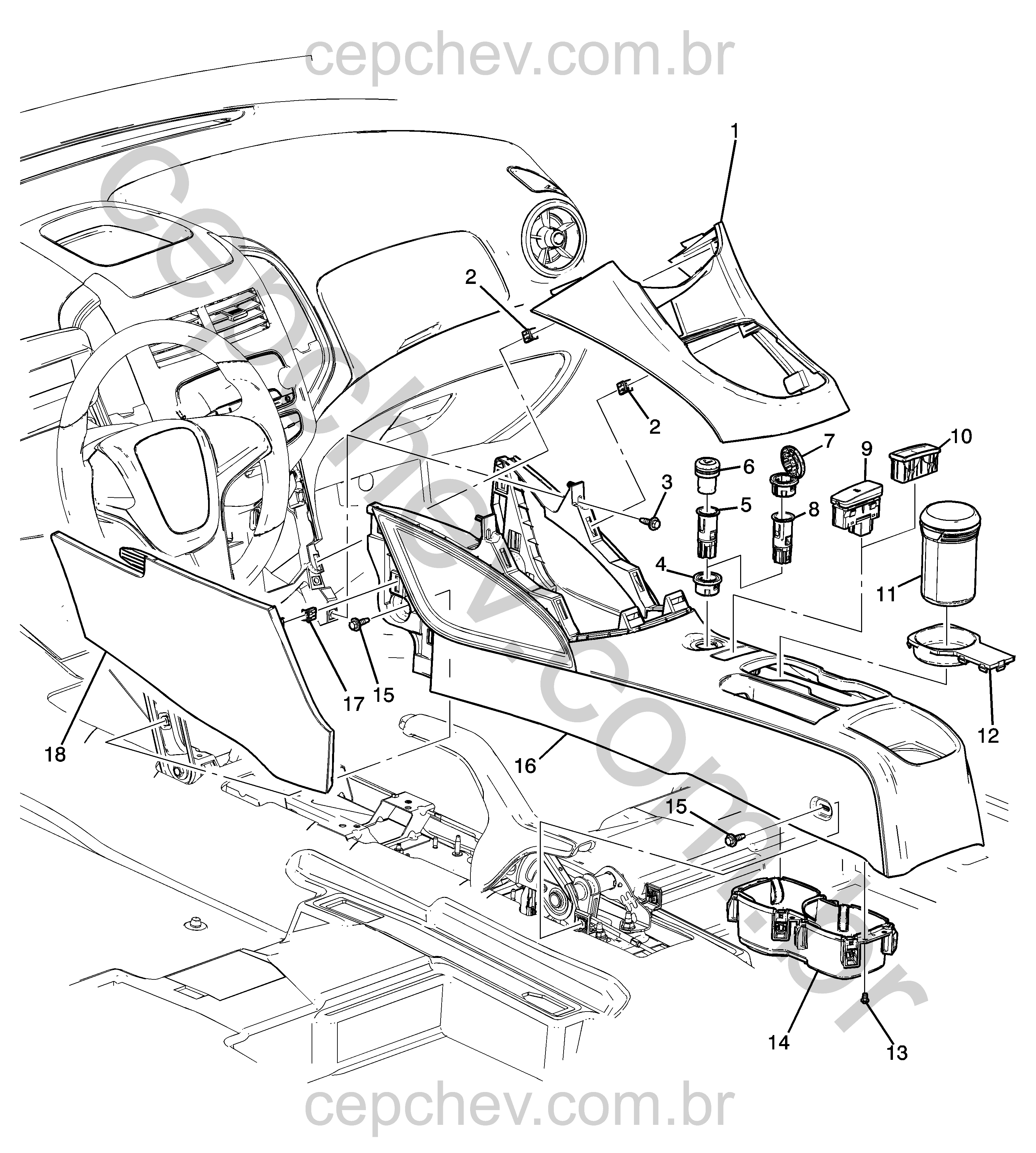 Console assoalho dianteiro (2012–2013) com acessórios e acabamento preto