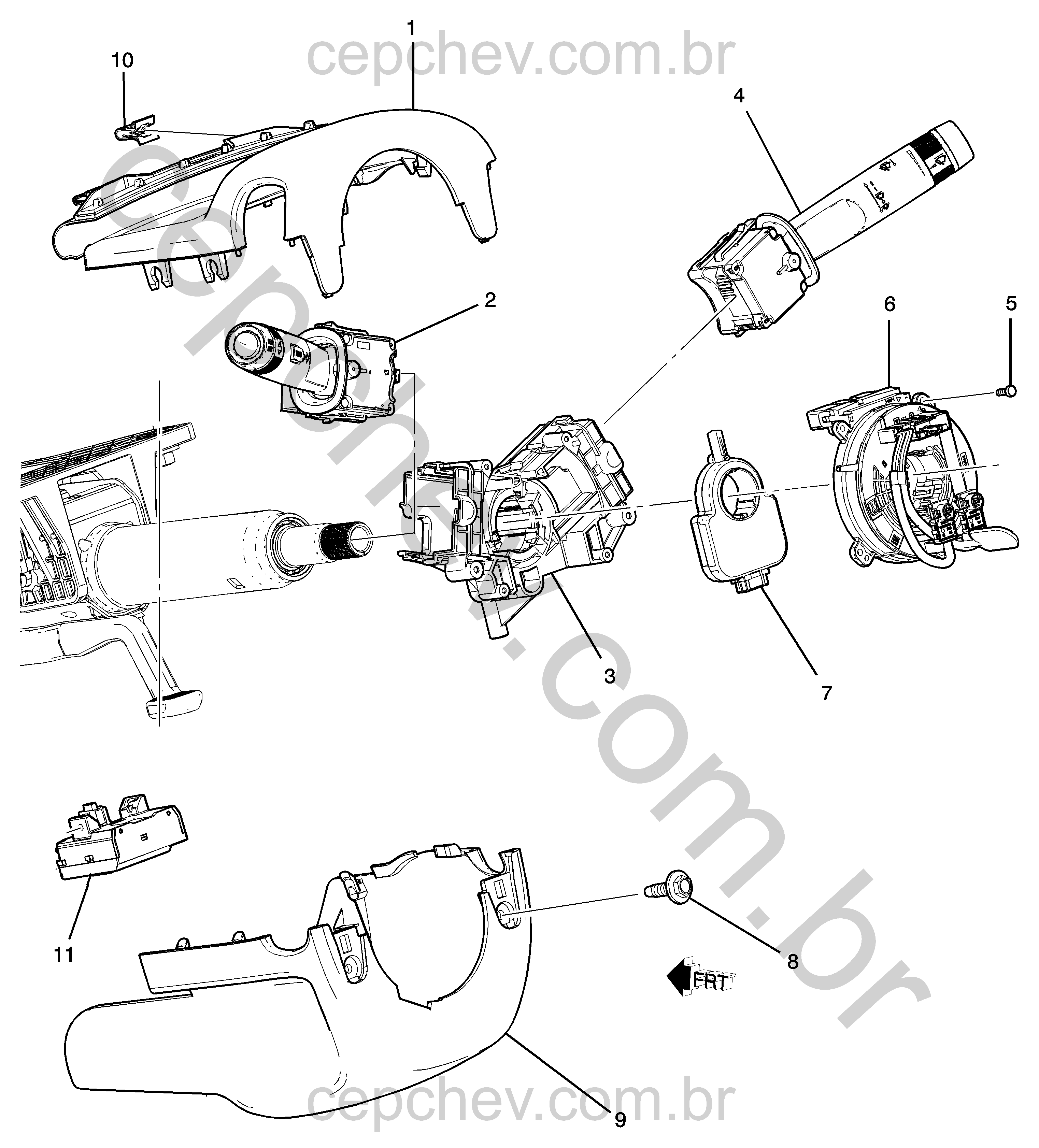 Coluna de direção com interruptores, tampas e bobina de airbag