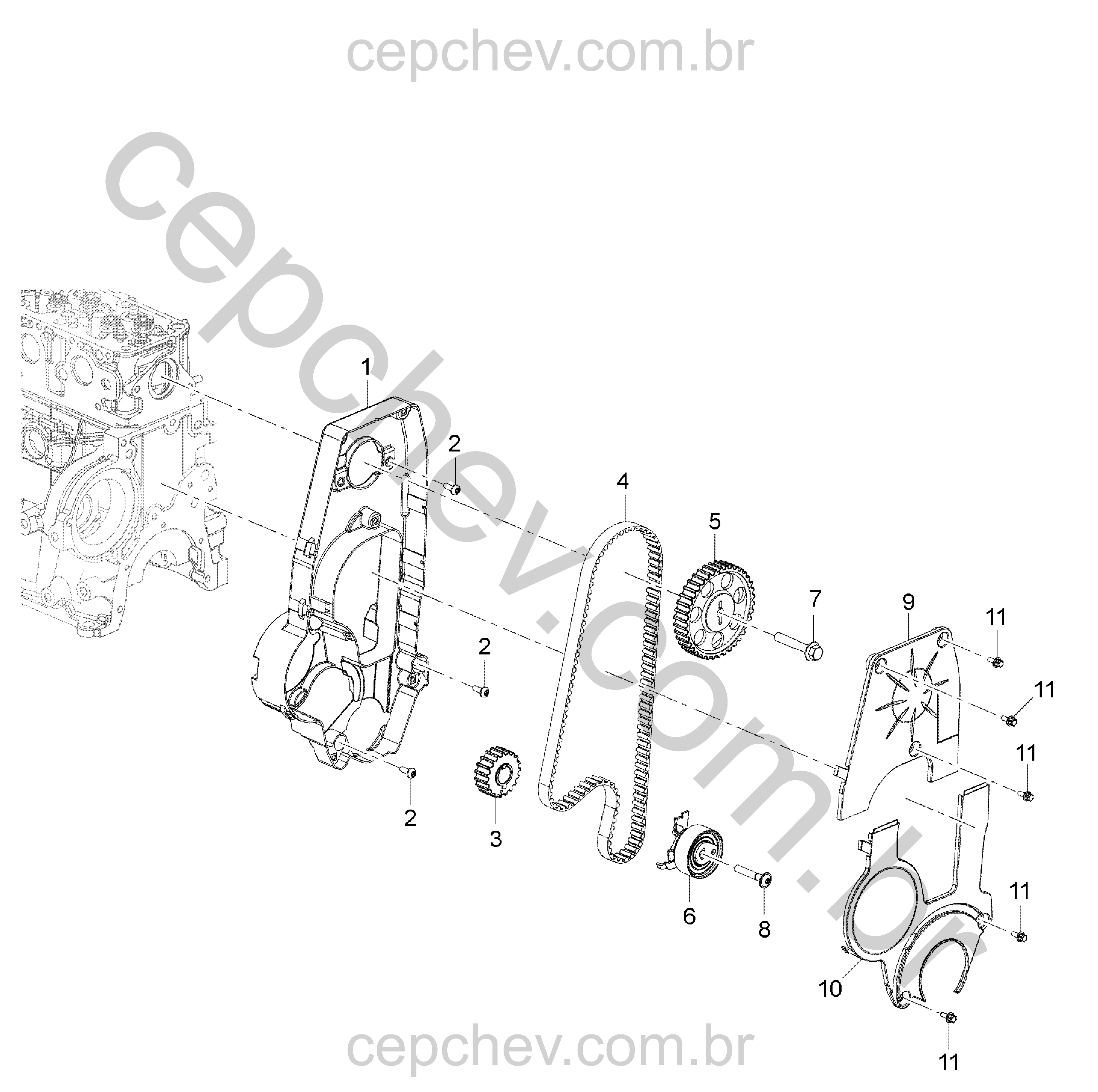 Correia e tampa da distribuição com tensor, engrenagens e parafusos