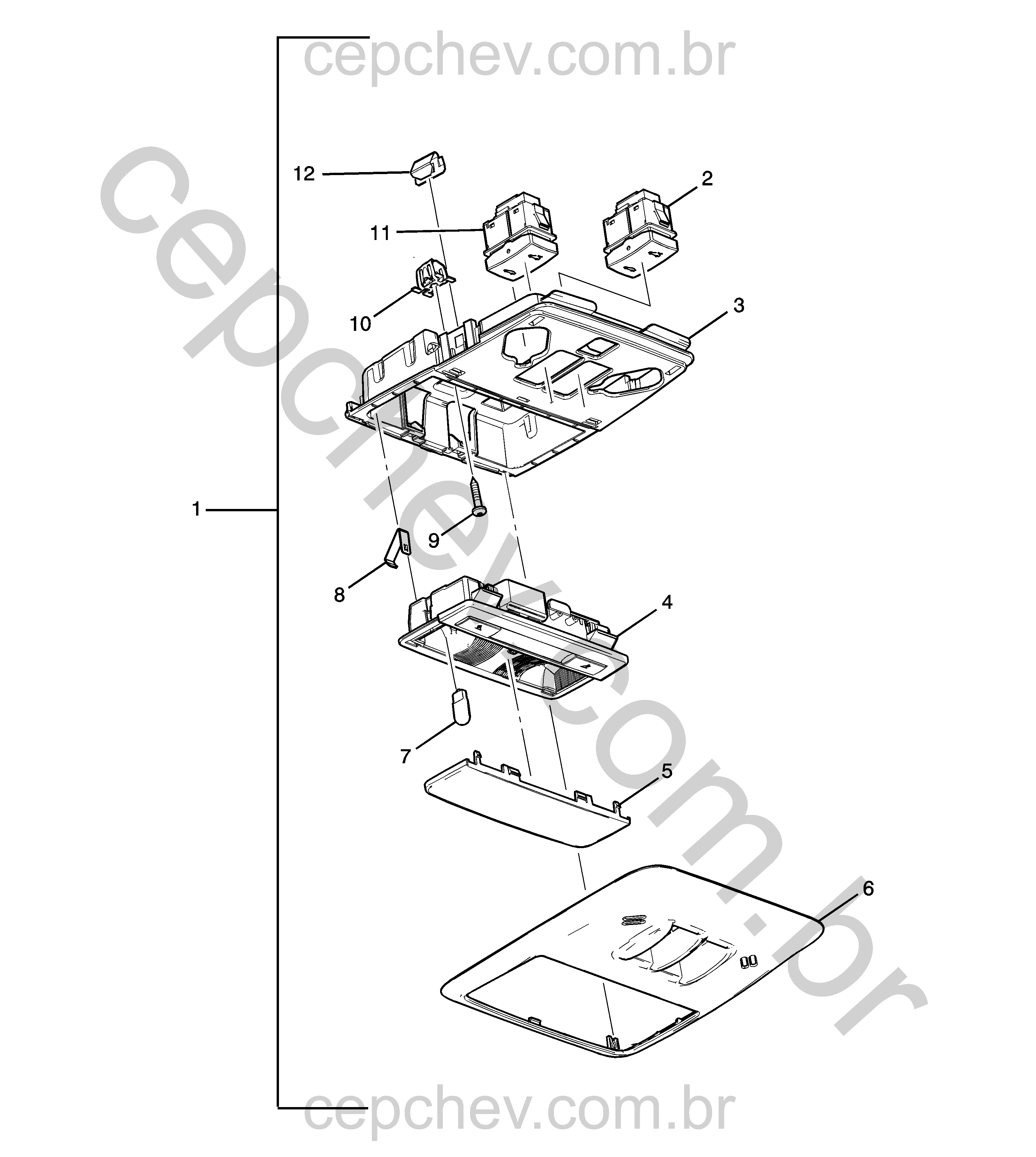 Console do teto e teto solar (2014–2016) com luzes e interruptores básicos