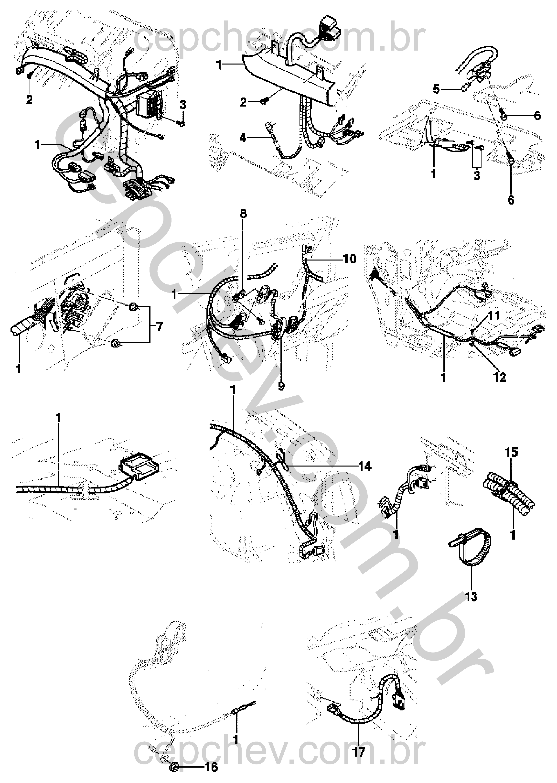 Chicote e fiação do painel de instrumentos com suportes e conectores