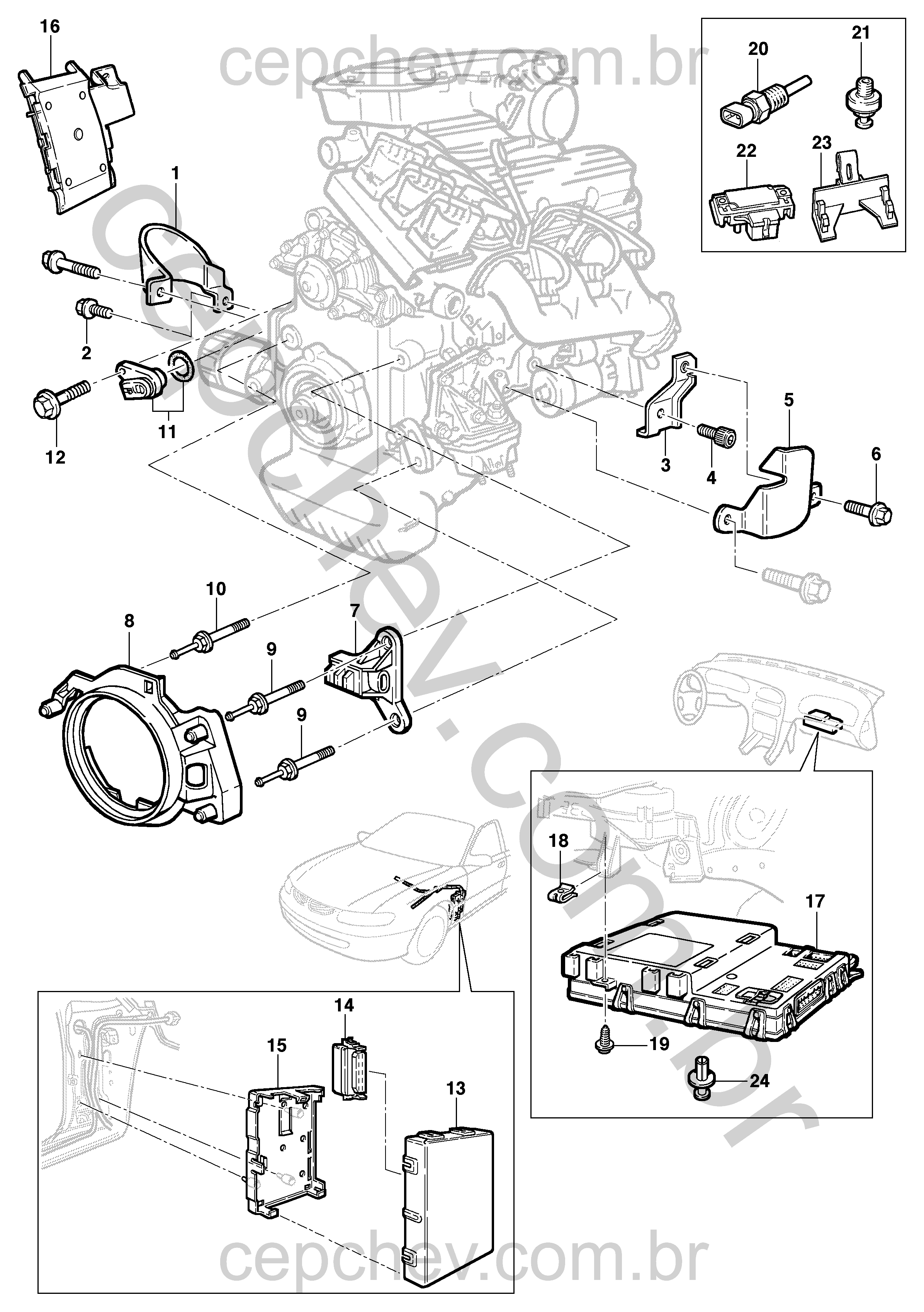 Módulo de controle eletrônico e sensores (1999–2004) para motor e carroceria